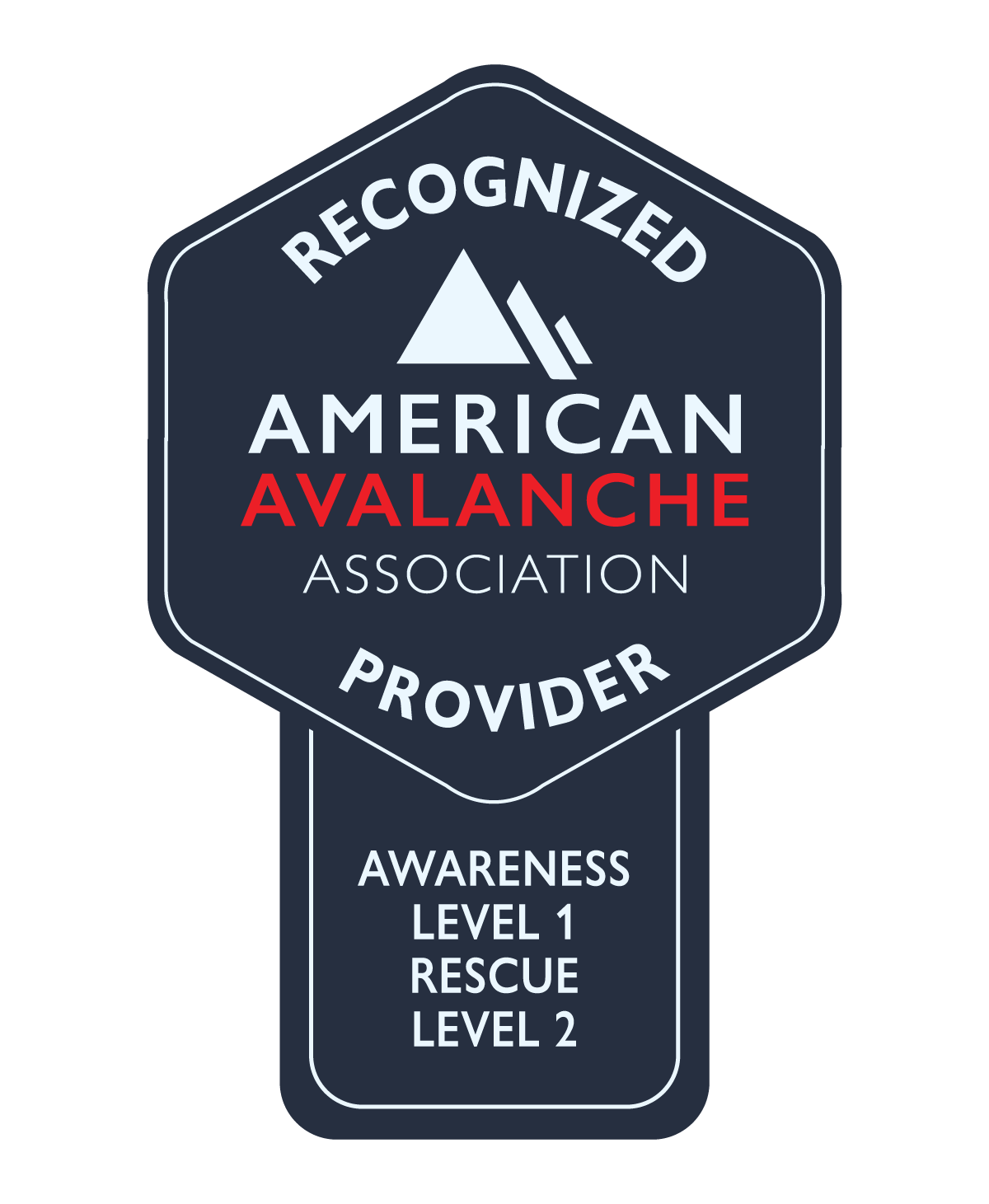 Badge for the American Avalanche Association recognizing provider with awareness levels 1 and 2 rescue.