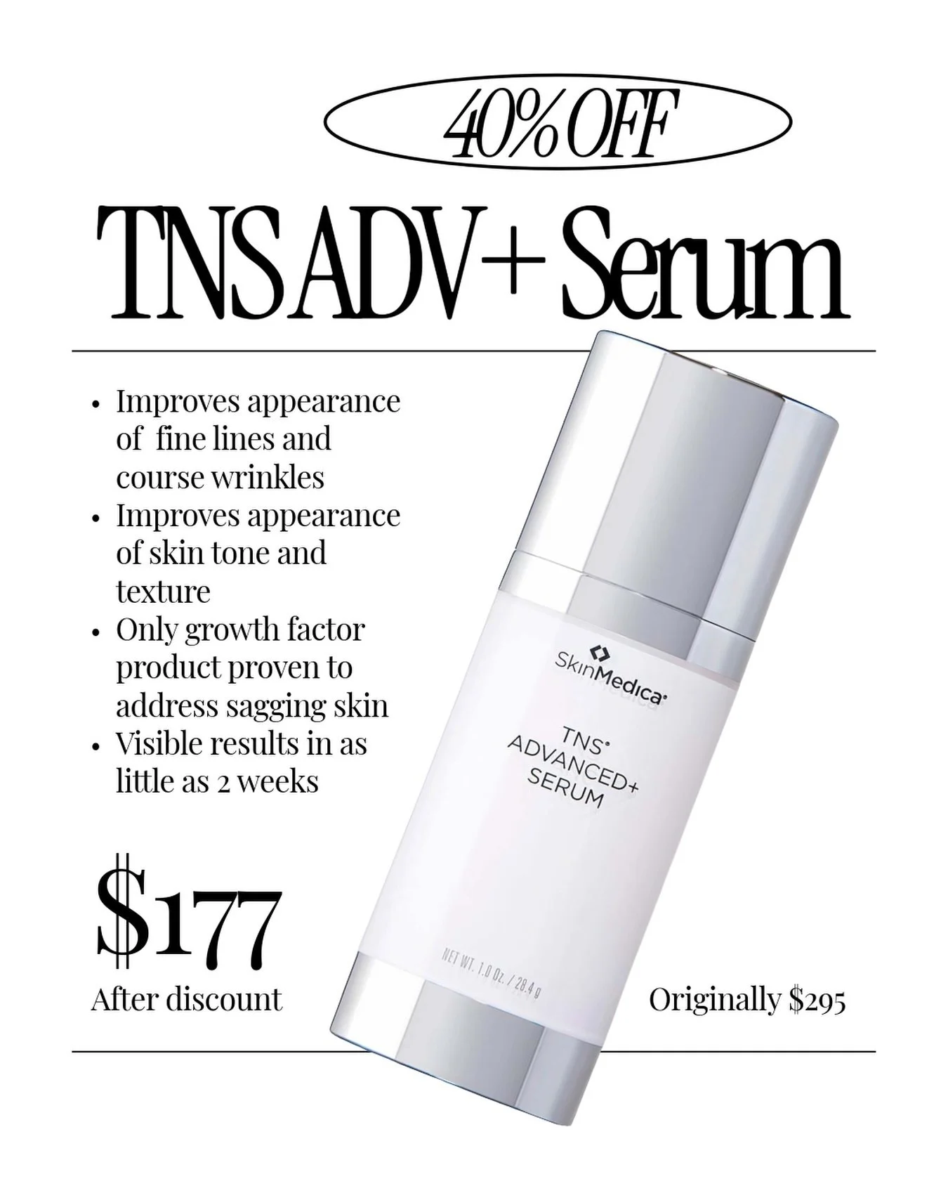 40% OFF TNS ADVANCED+ SERUM at Luxus Aesthetics in Happy Valley! 

Originally $295, our SkinMedica TNS is now just $177 while supplies last! 

Easiest reason to love TNS? ✨🩷
Clinical studies revealed that after just 12 weeks of using TNS patients fe