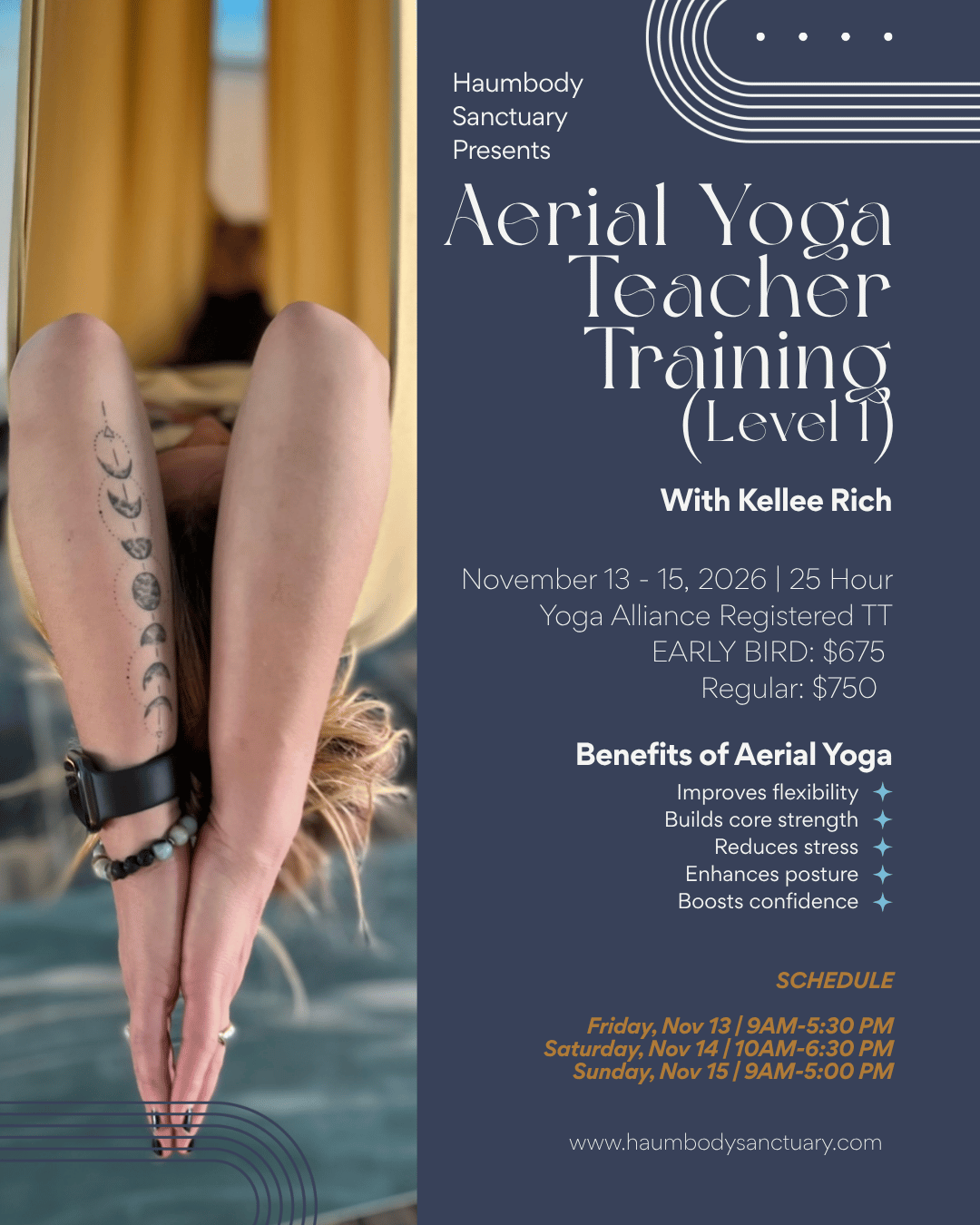 Aerial Yoga Training: Level 1 by Kellee Rich, owner of Wild Soul Events, at Haumbody Sanctuary in Reno Nevada on Nov 13-15, 2026.