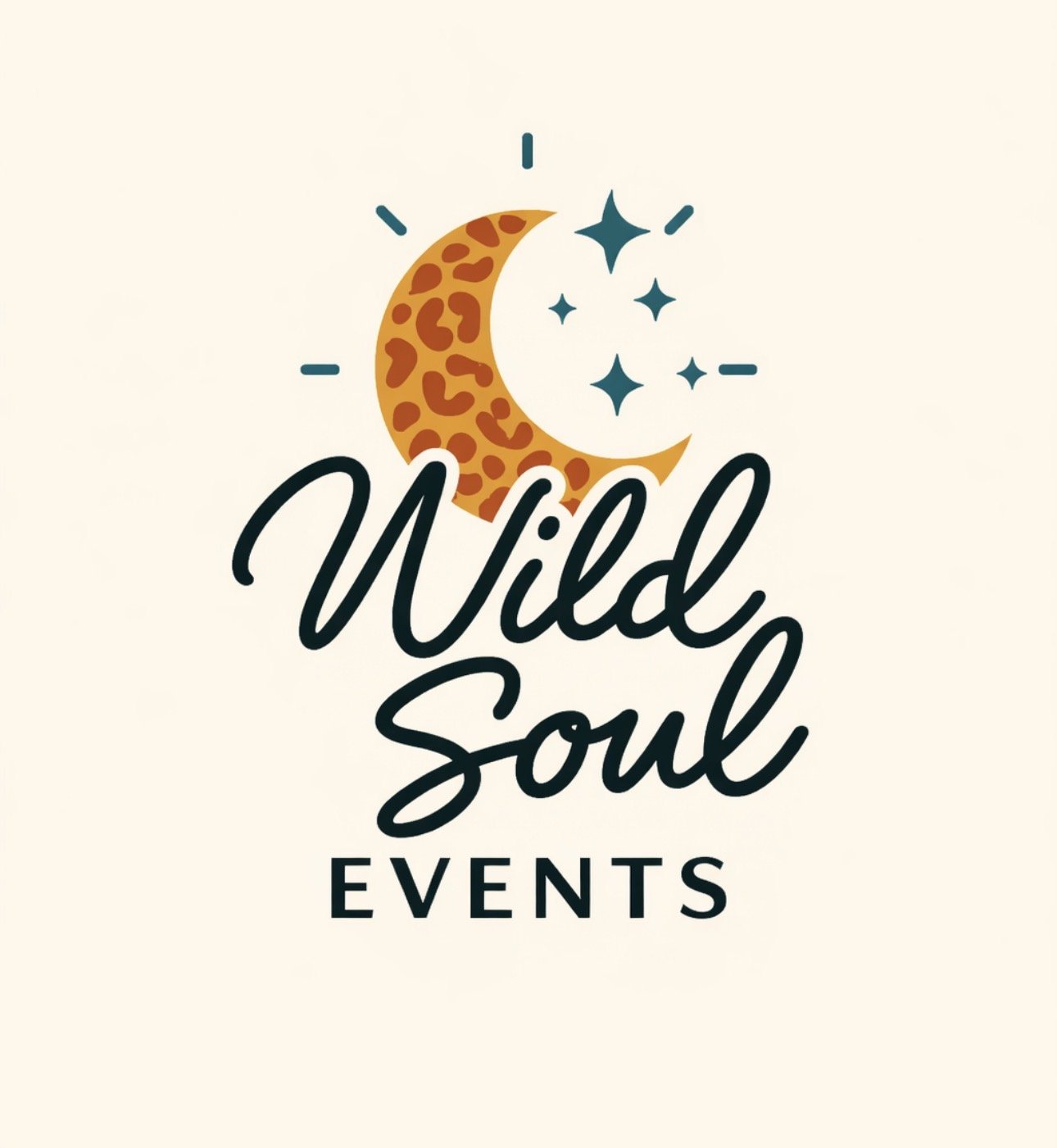 Logo for Wild Soul Events featuring a leopard-print crescent moon, stars, and cursive text.