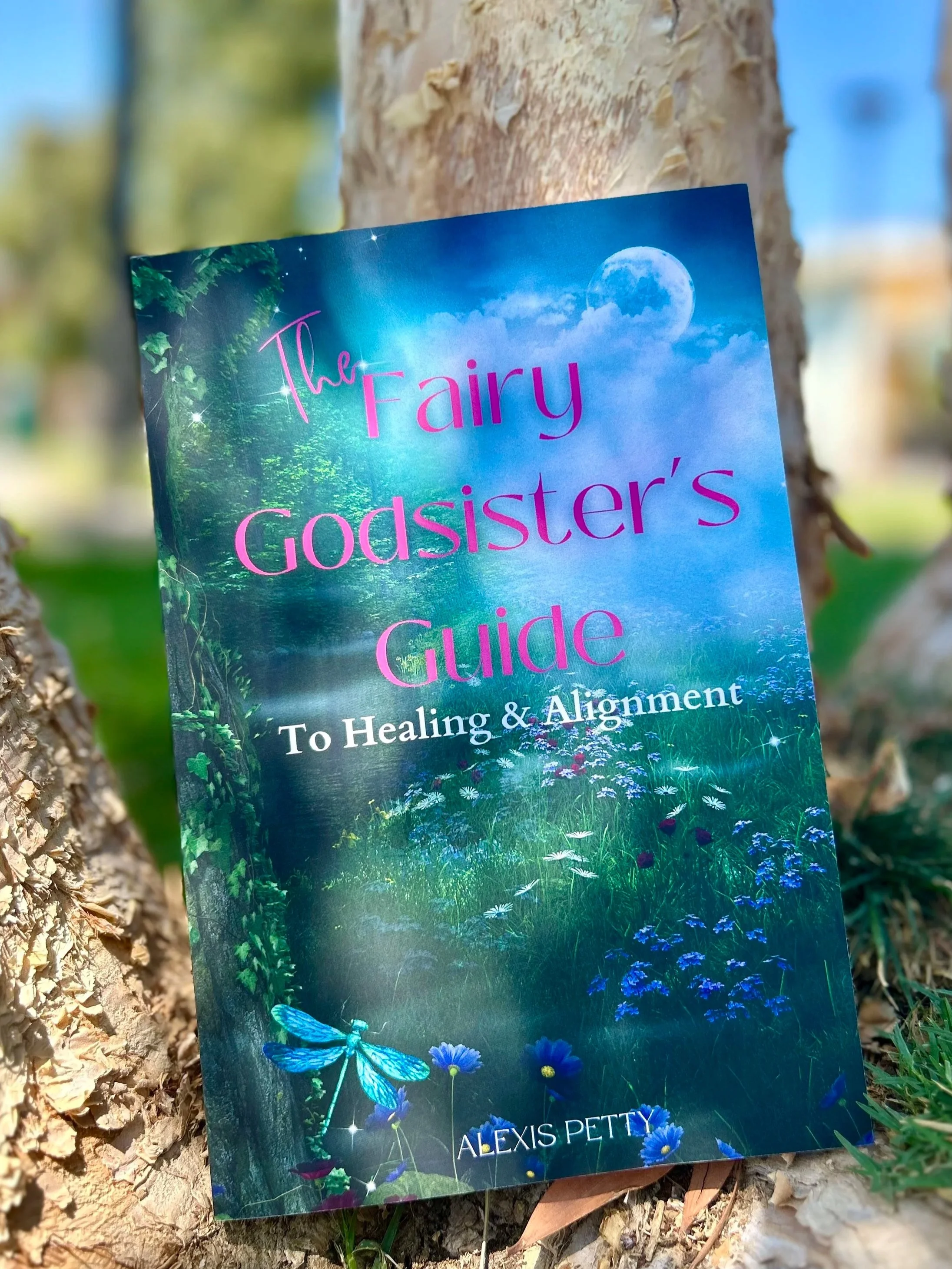 A book titled 'The Fairy Godmother's Guide to Healing & Alignment' by Alexis Petty, placed against a tree with a forest background, featuring a blue dragonfly illustration on the cover.