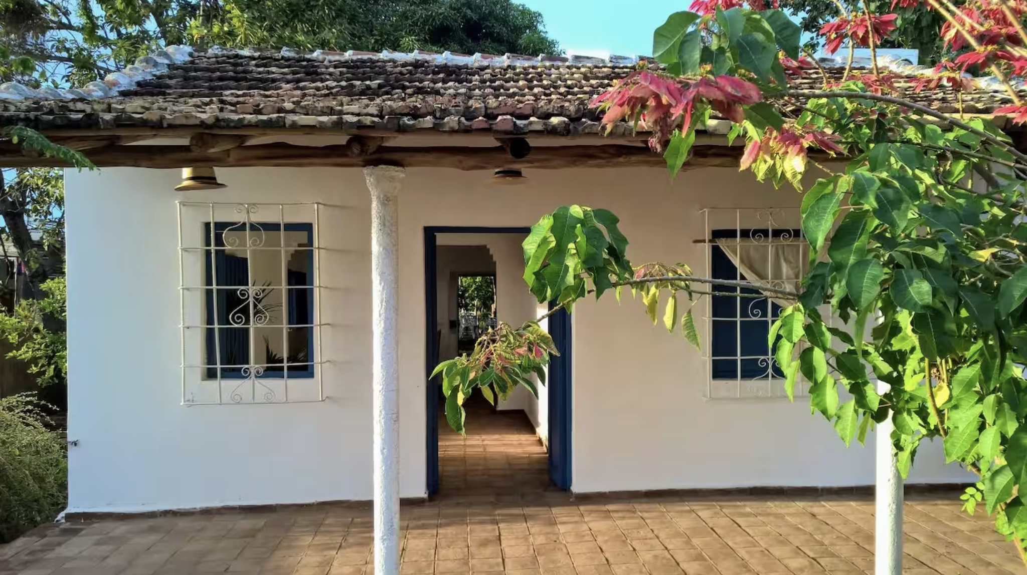 White house with blue window frames and iron window bars, an open doorway opening into a patio with tiled flooring, surrounded by green foliage and red flowers – in Trinidad, Cuba.