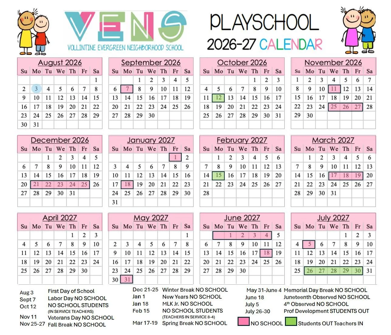 Colorful preschool calendar for the 2026-2027 school year with illustrations of children in the top corners. Key dates marked with pink and green highlights indicate days off and events.