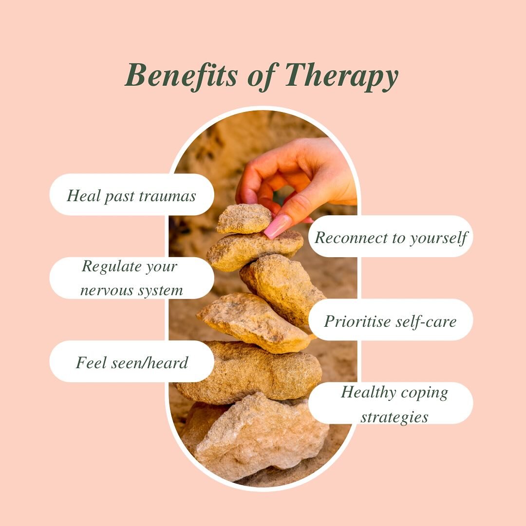 Just some benefits you can expect from attending a regular block of therapy 🤍 the goal is to reconnect you to your humanness with a sense of safety, comfort, and control regarding your internal and external experiences 😌