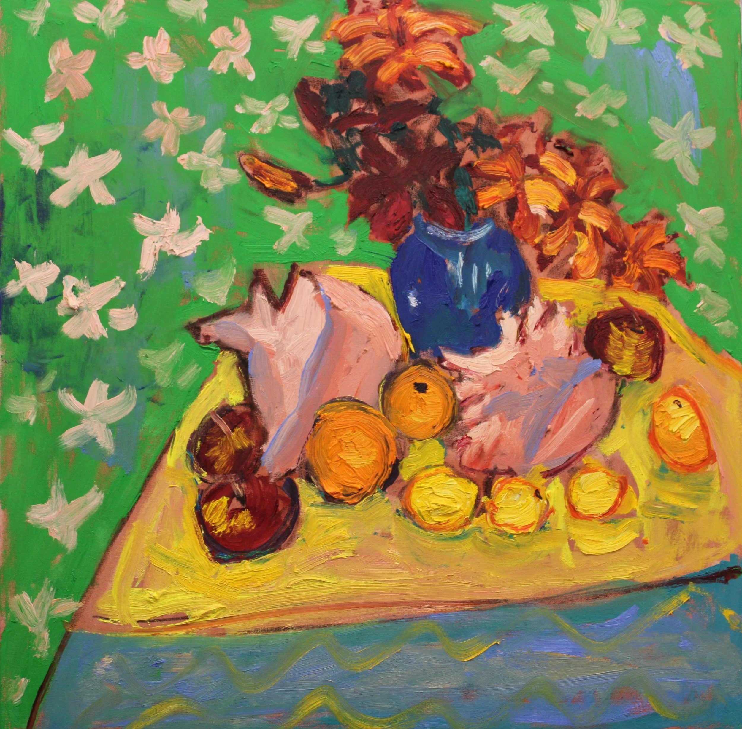 "Muschel-Früchte-Stillleben vor Blumentapete", Öl auf Leinwand, 80 x 80 cm, Juni 2026 (ST-1043)