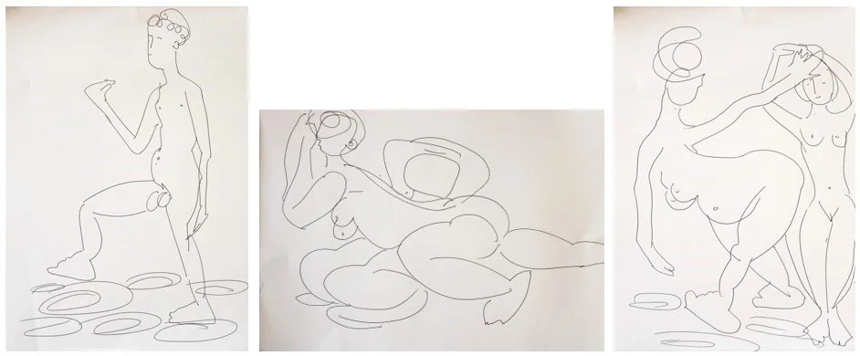 Triptychon "Abkehr", Tintenroller auf Zeichenpapier, je 29,7 x 21 cm, 2024 (Z-Z-262a/b/c)