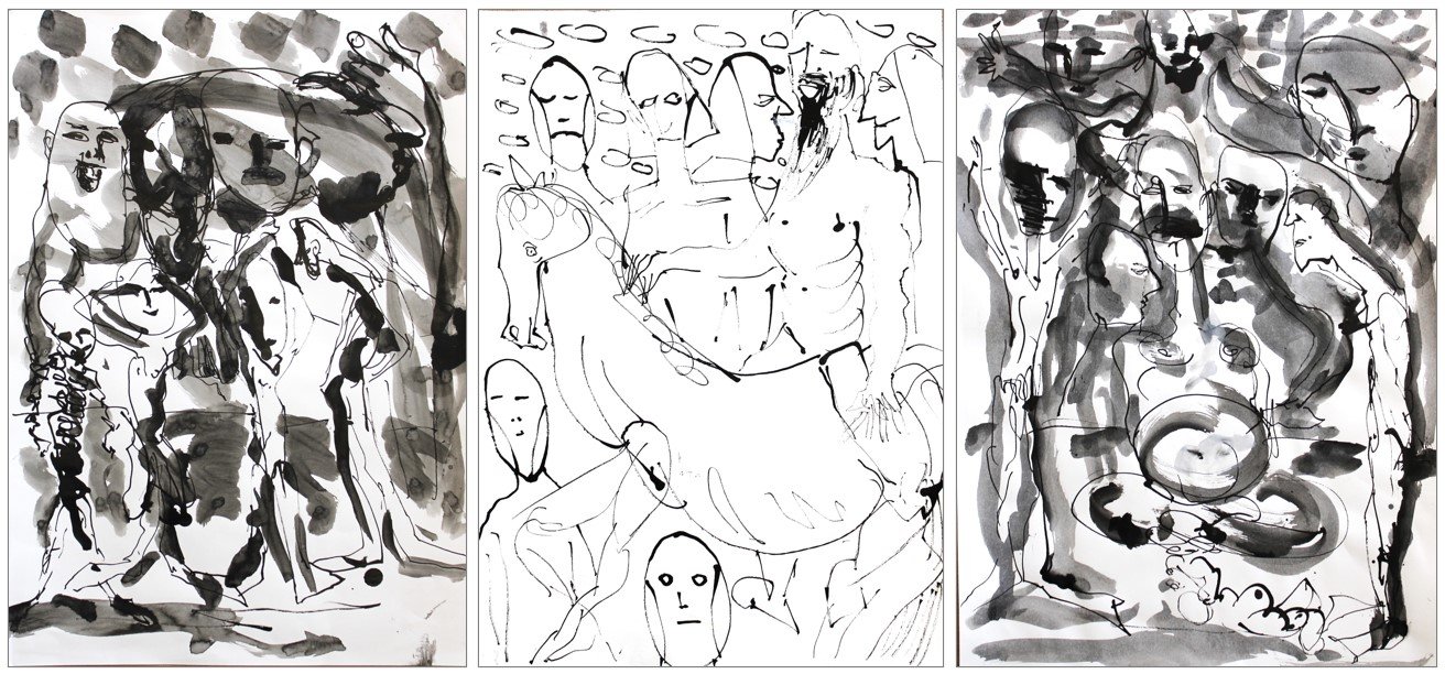 Triptychon "Sidpa-Bardo - Panoptikum", linker Teil: "Die Philister", Mittelteil: "Der Spießrutenlauf (Canossagang)", rechter Teil: "(Verehrung) Anbetung des gesegneten Kindes", Bambusfeder, Tusche, laviert, auf Zeichenpapier, je 42 x 29,7 cm, 2024 (Z