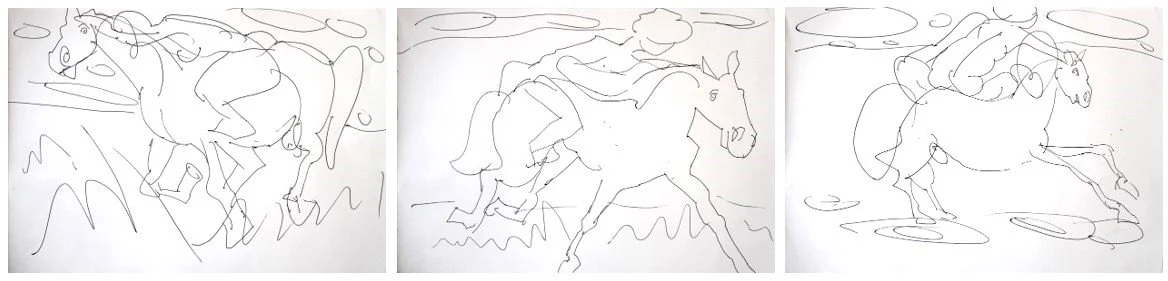 Triptychon "Entführung", Tintenroller auf Zeichenpapier, je 21 x 29,7 cm, 2024 (Z-Z-263a/b/c)