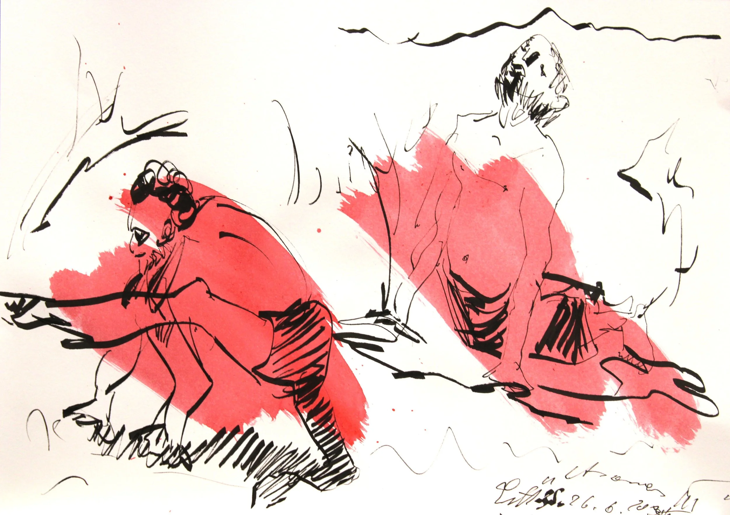 "Asanas (III)", Calligraphiestift, laviert, auf Zeichenpapier, 29,7 x 42 cm, Juni 2026 (Z-Z-513)