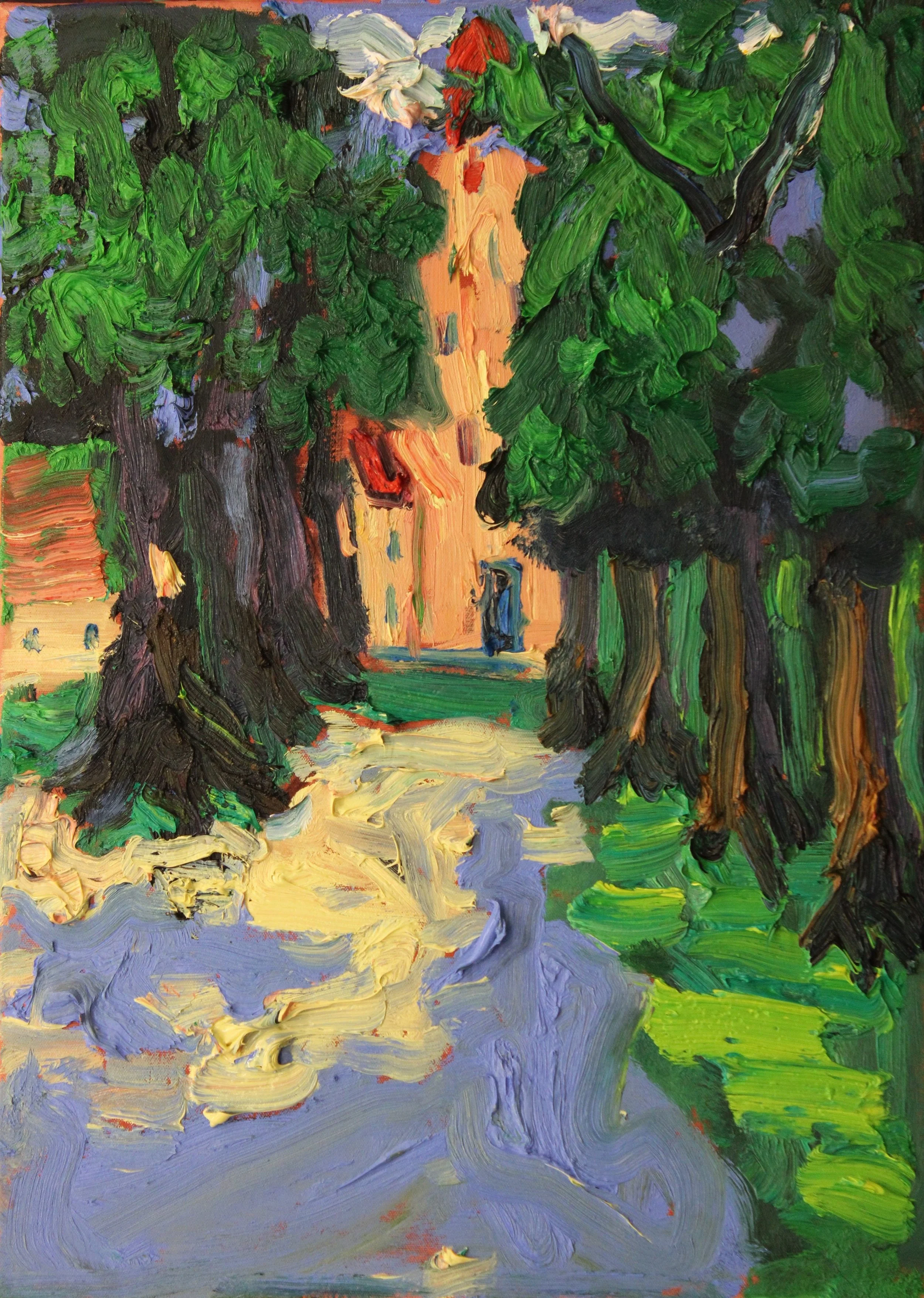"Dorfkirche Maiersch bei Gars mit Lindenallee", Öl auf Leinwand, 70 x 50 cm, Juli 2026 (W-1054)