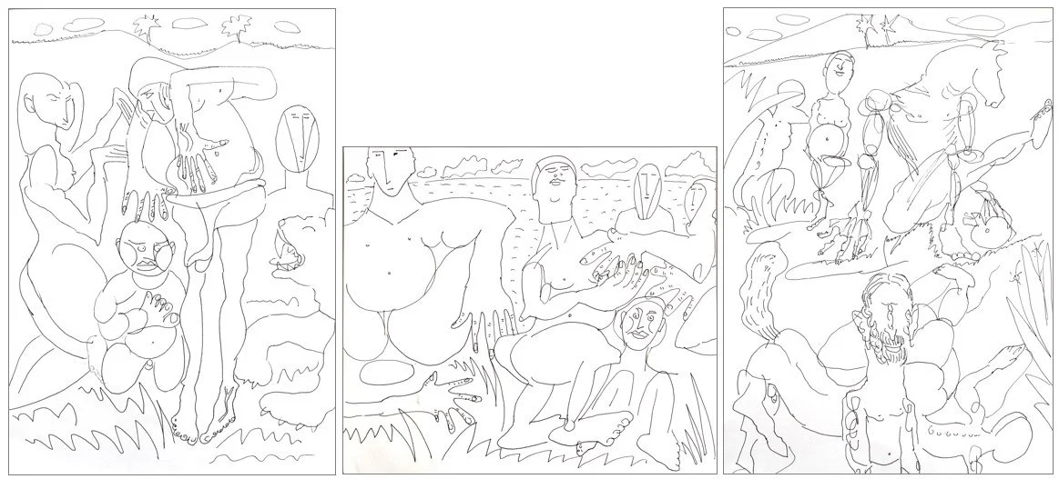 Triptychon "Im Bardo - Am Strand", Tintenroller auf Zeichenpapier, 29,7 x 21 / 21 x 23,8 / 29,7 x 21 cm, 2024 (Z-Z-123a/b/c)