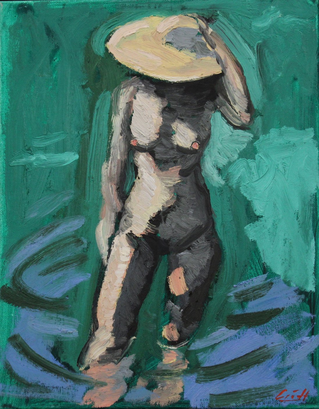 "Weiblicher Akt im Weiher", Öl auf Jute, 70 x 55 cm, 2010 (A-603)