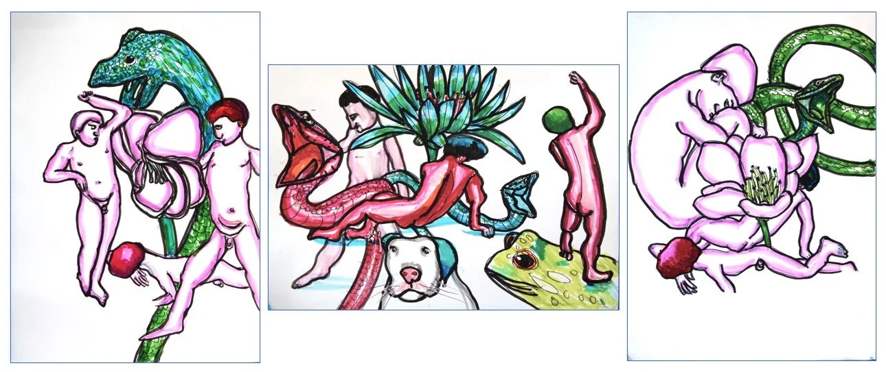 Triptychon "Luftholen", Faserstifte auf Zeichenpapier, 42 x 29,7 / 29,7 x 42 / 42 x 29,7 cm, 2022 (Z-Z-019a/b/c-x)