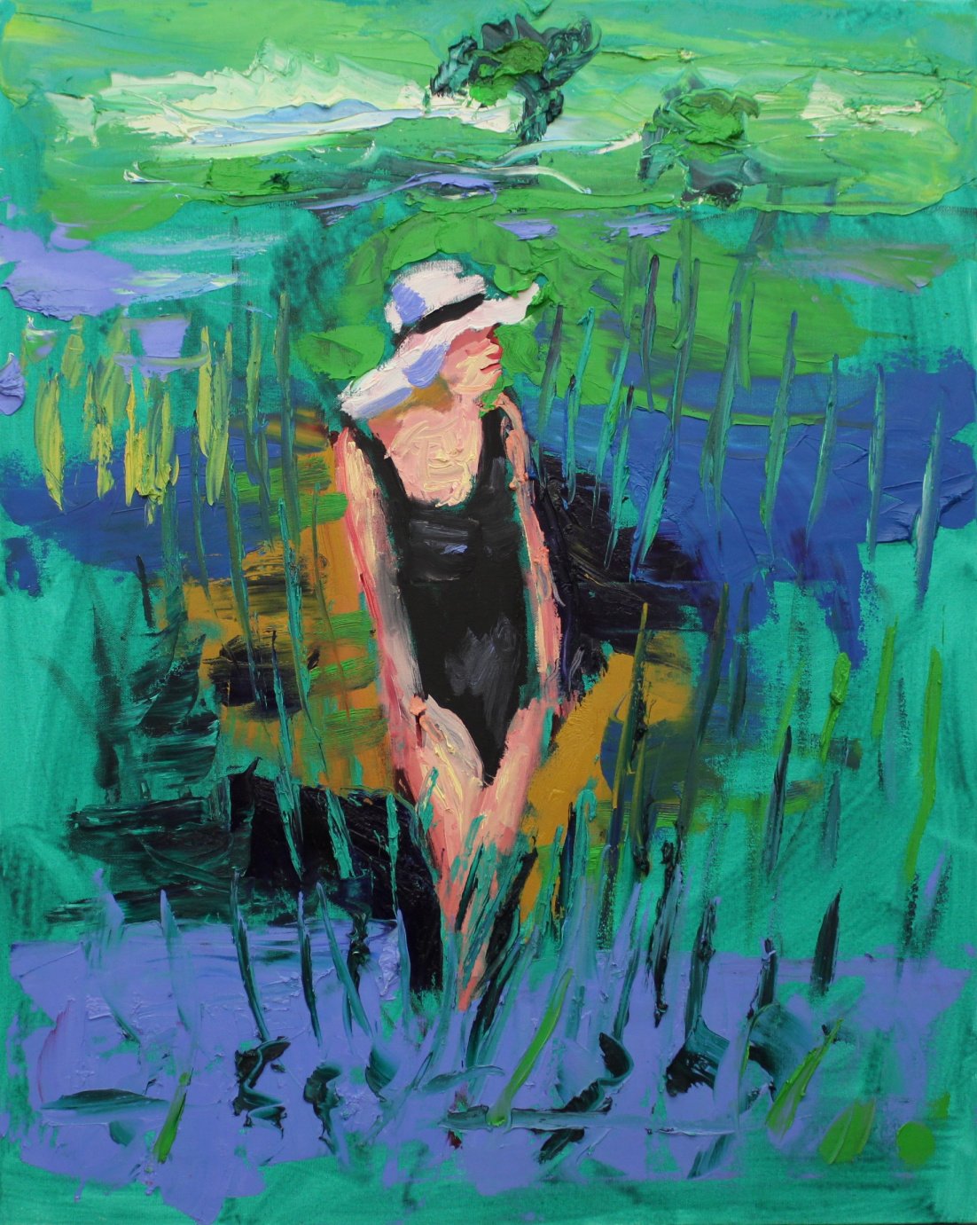 "Sonja, vormittägliche Weiherstimmung", Öl auf Leinwand, 100 x 80 cm, 2021 (A-592)