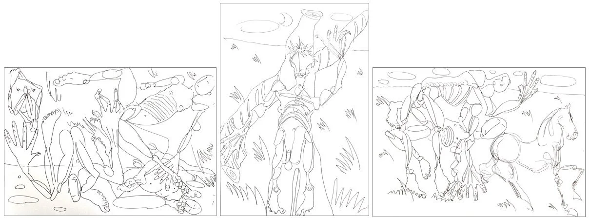 Triptychon "Büßer", Tintenroller auf Zeichenpapier, 21 x 29,7 / 29,7 x 21 / 21 x 29,7 cm, 2024 (Z-Z-120a/b/c)