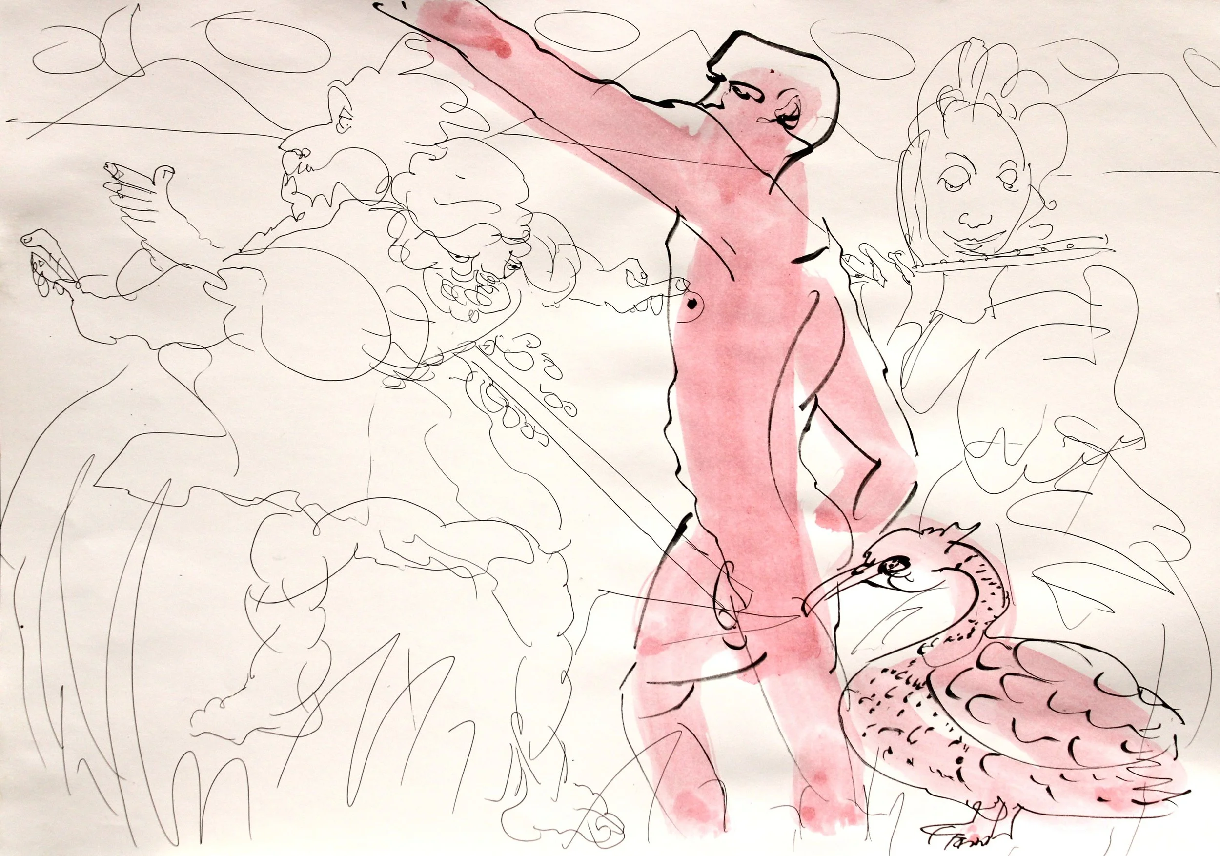 "Eros - Thánatos …", Calligraphiestift, laviert, auf Zeichenpapier, 42 x 59,6 cm, Oktober 2026 (Z-Z-530)