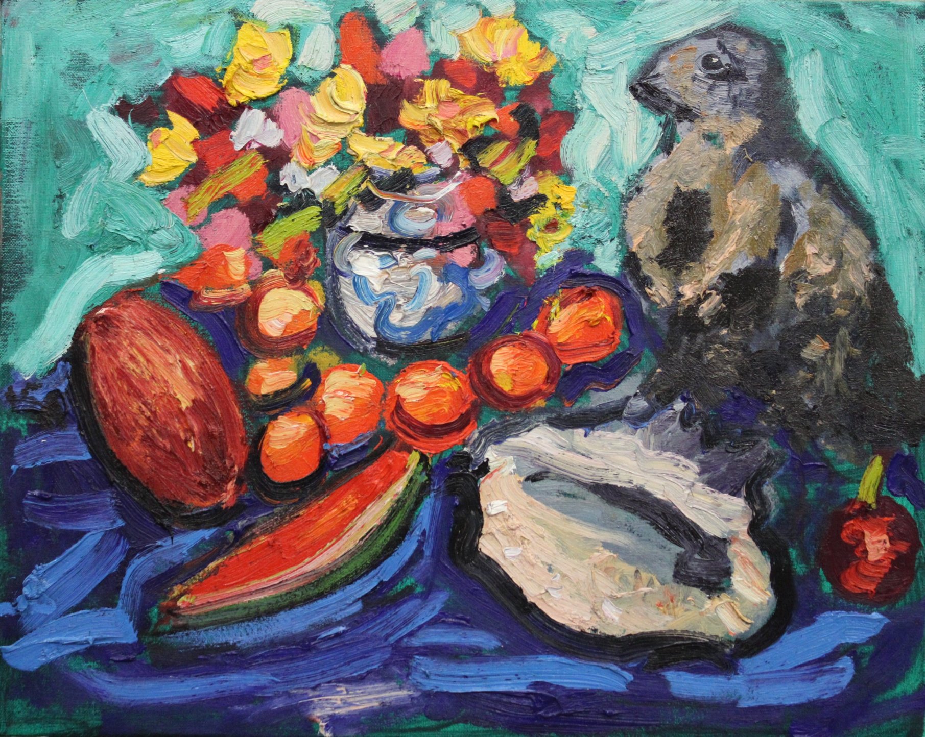 "Stillleben mit Blumen, Früchten, Muschel und Murmeltier", Öl auf Jute, 80 x 100 cm, 2008 (ST-122)