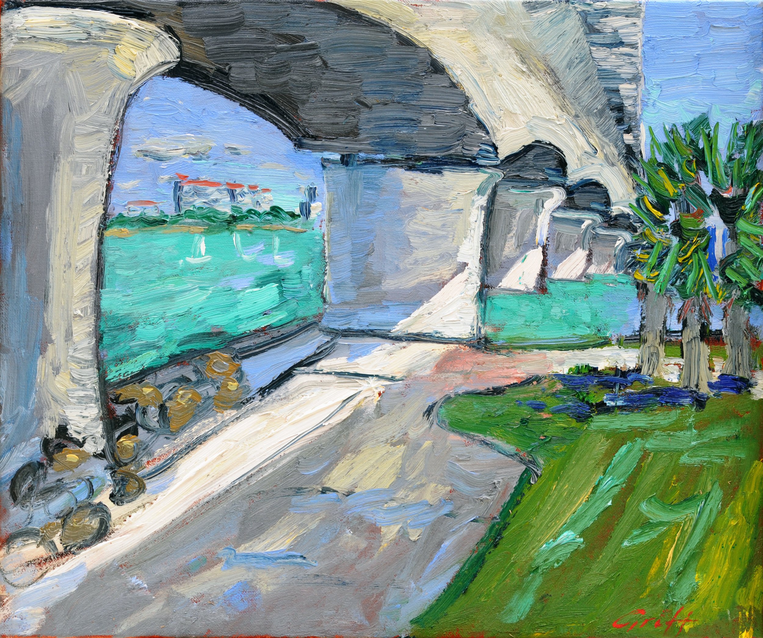 "John Ringling Bridge, mit der Skyline von Sarasota, Florida (Blick vom Bird Key Park nach Nordosten) (1)", Öl auf Jute, 75 x 90 cm, Florida 2008
