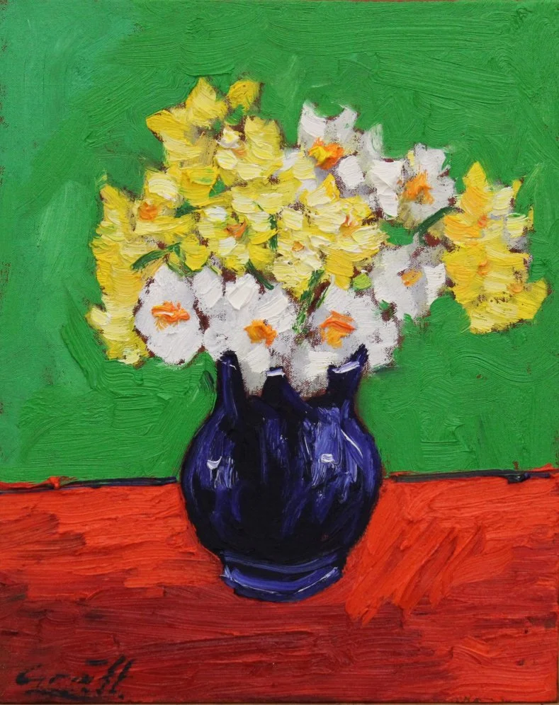 Narzissen in blauer Vase, Öl auf Leinwand, 50 x 40 cm, 2022 (B-601)