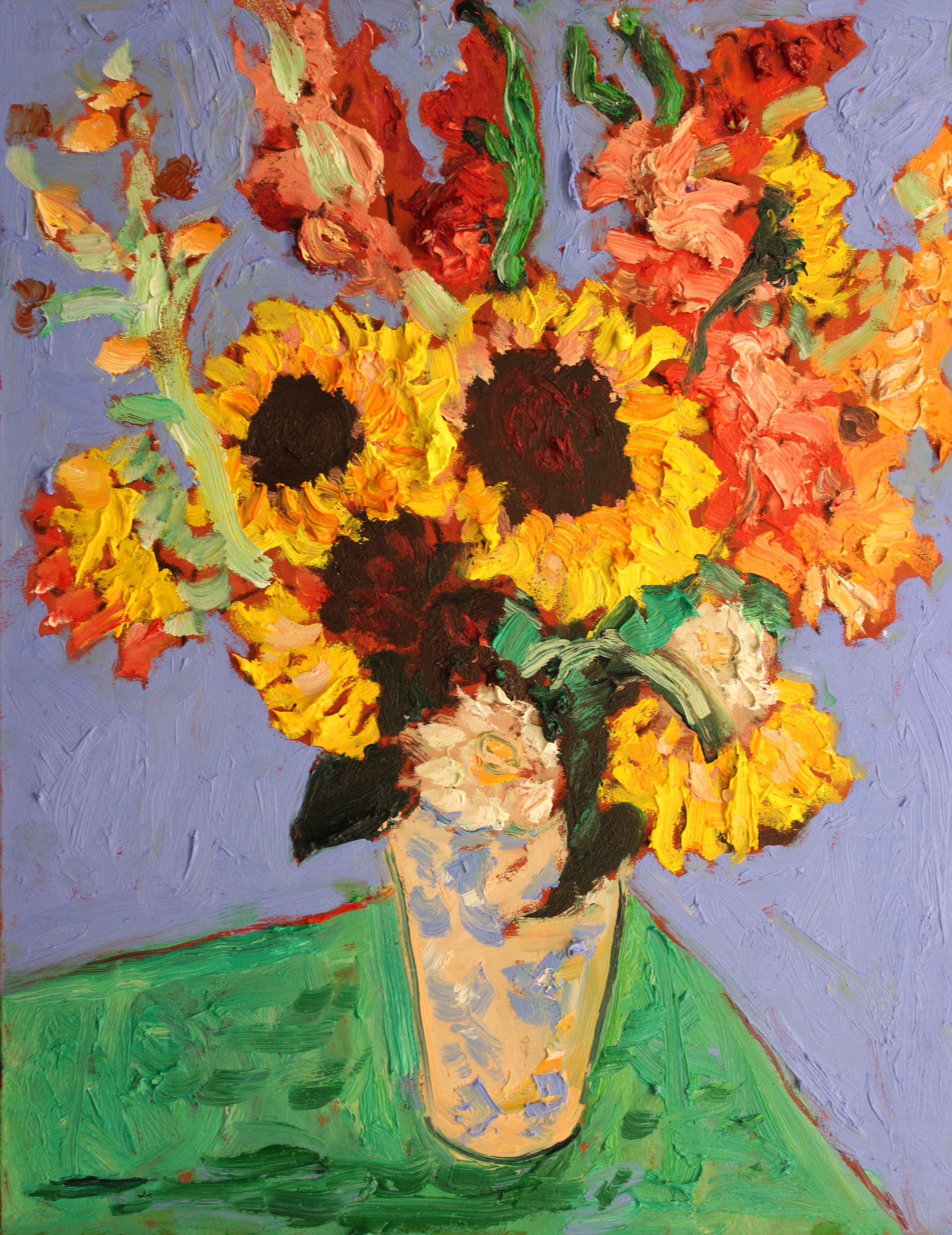 "Fröhlicher Sommerblumenstrauß in hellblauer Vase", Öl auf Leinwand, 90 x 70 cm, Juli 2026 (B-1057)