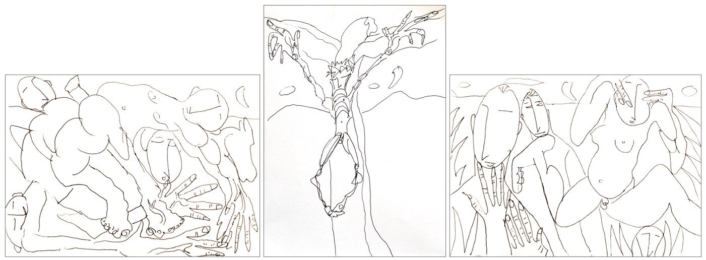 Triptychon "Die Gequälten", Tintenroller auf Zeichenpapier, 13 x 18 / 18 x 13 / 13 x 18 cm, 2024 (Z-Z-115a/b/c)