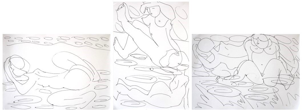 Triptychon "Morgenröte (Aurora)", Tintenroller auf Zeichenpapier, 21 x 29,7 / 29,7 x 21 / 21 x 29,7 cm, 2024 (Z-Z-264a/b/c)