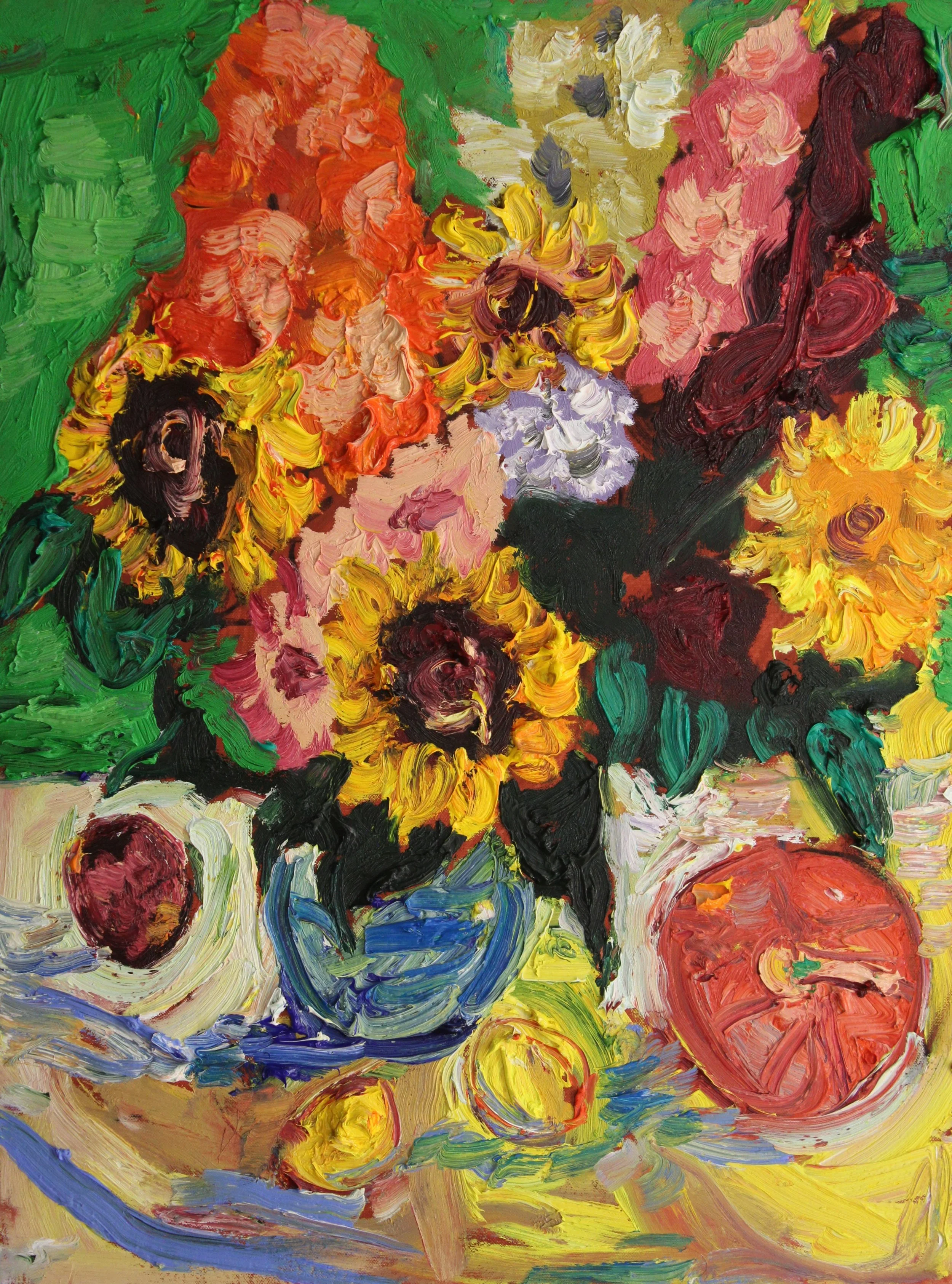 "Expressives Sommerblumen-Stillleben mit Früchten", Öl auf Leinwand, 80 x 60 cm, Juli 2026 (ST-1053)