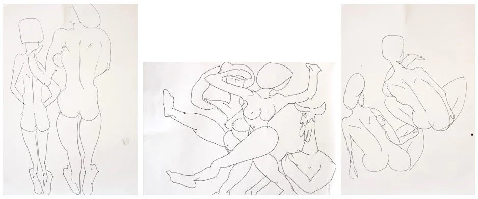 Triptychon "Abkehr ...", Tintenroller auf Zeichenpapier, 29,7 x 21 / 21 x 29,7 / 29,7 x 21  cm, 2024 (Z-Z-260a/b/c)