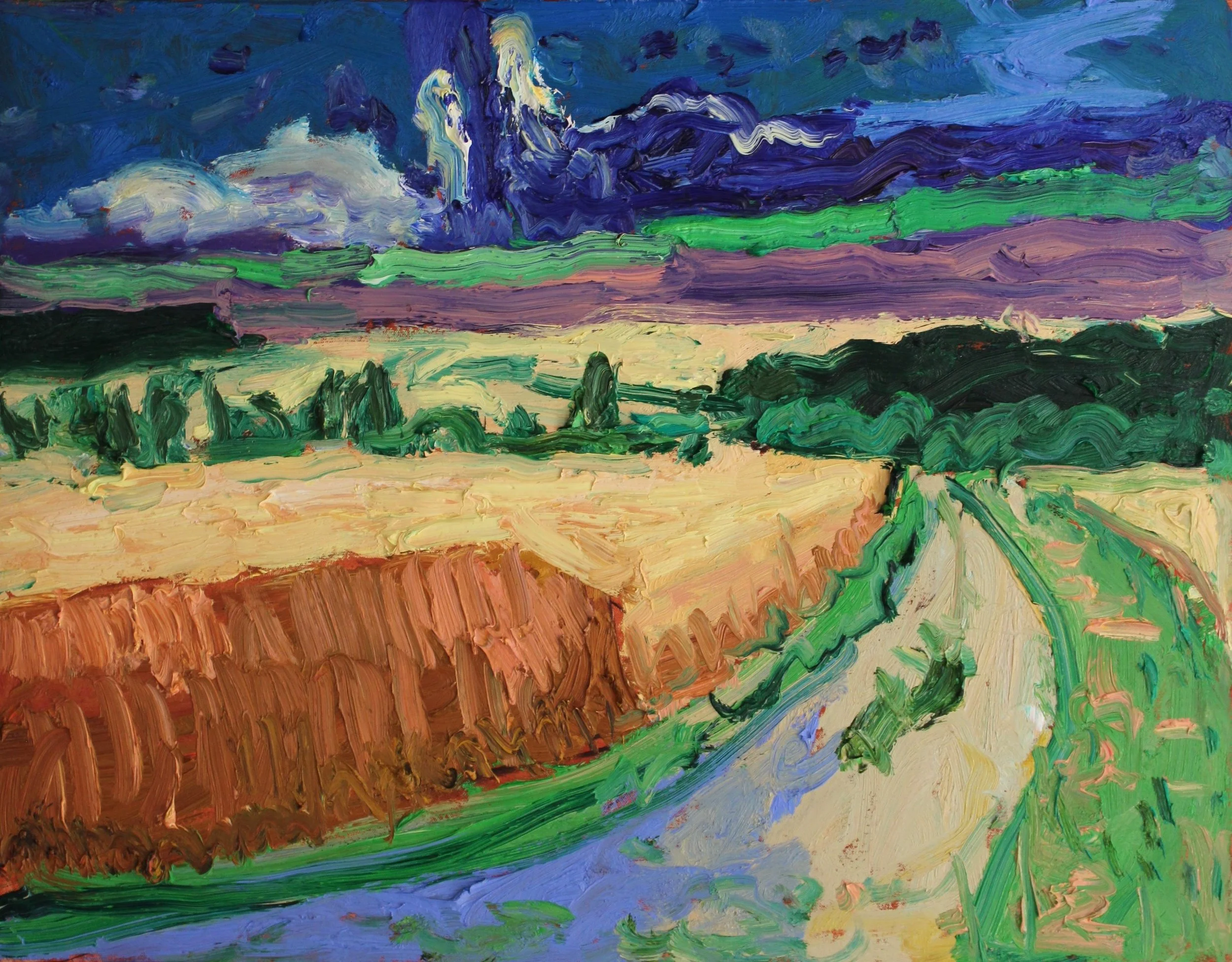 "Juli-Getreide bei Zaingrub bei aufziehendem Gewitter", Öl auf Leinwand, 70 x 90 cm, Juli 2026 (W-1049)