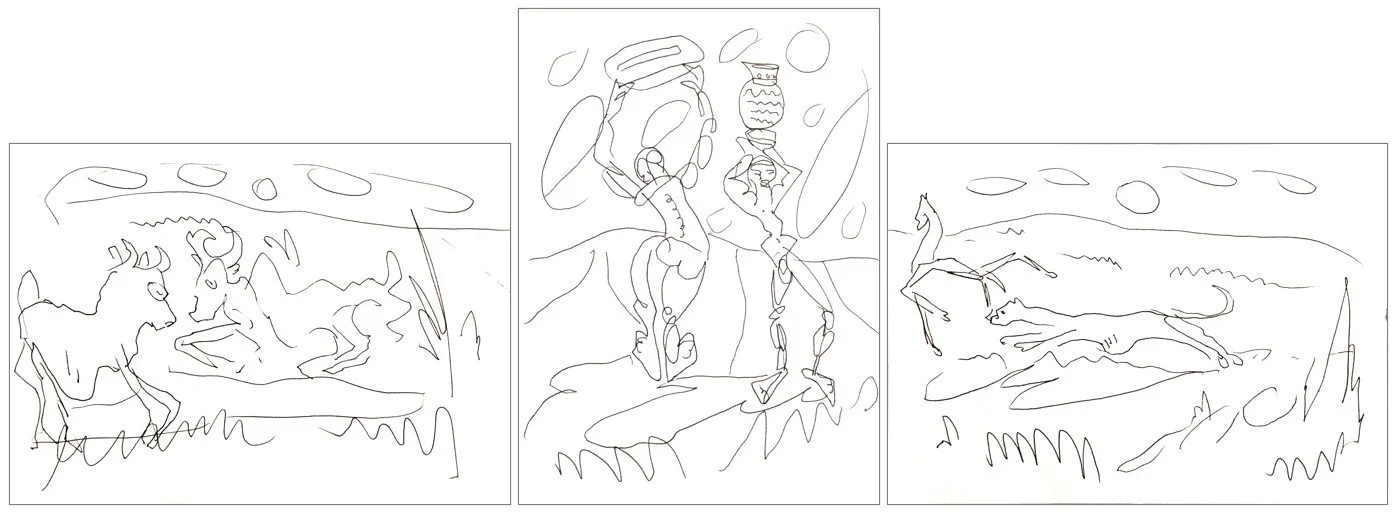 Triptychon "Guna Rajas", linker Teil: "Auf der Weide", Mittelteil: "Auf dem Wege zum Bazar", rechter Teil: "Hatz", Tintenroller auf Zeichenpapier, 13 x 18 / 18 x 13 / 13 x 18 cm, 2024 (Z-Z-114a/b/c)
