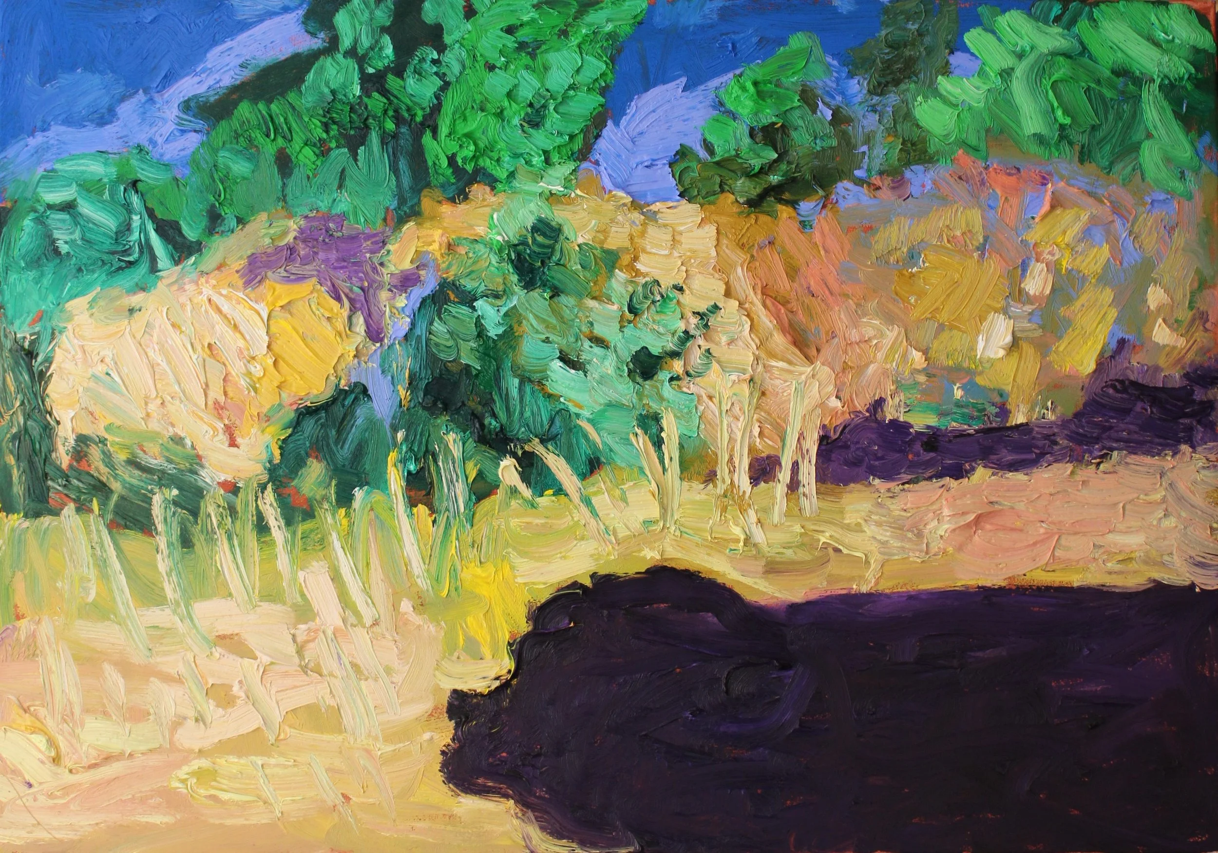 "Bedrohet Naturidyll (Sandgrube bei Freischling)", Öl auf Leinwand, 70 x 100 cm, Juli 2026 (W-1058)