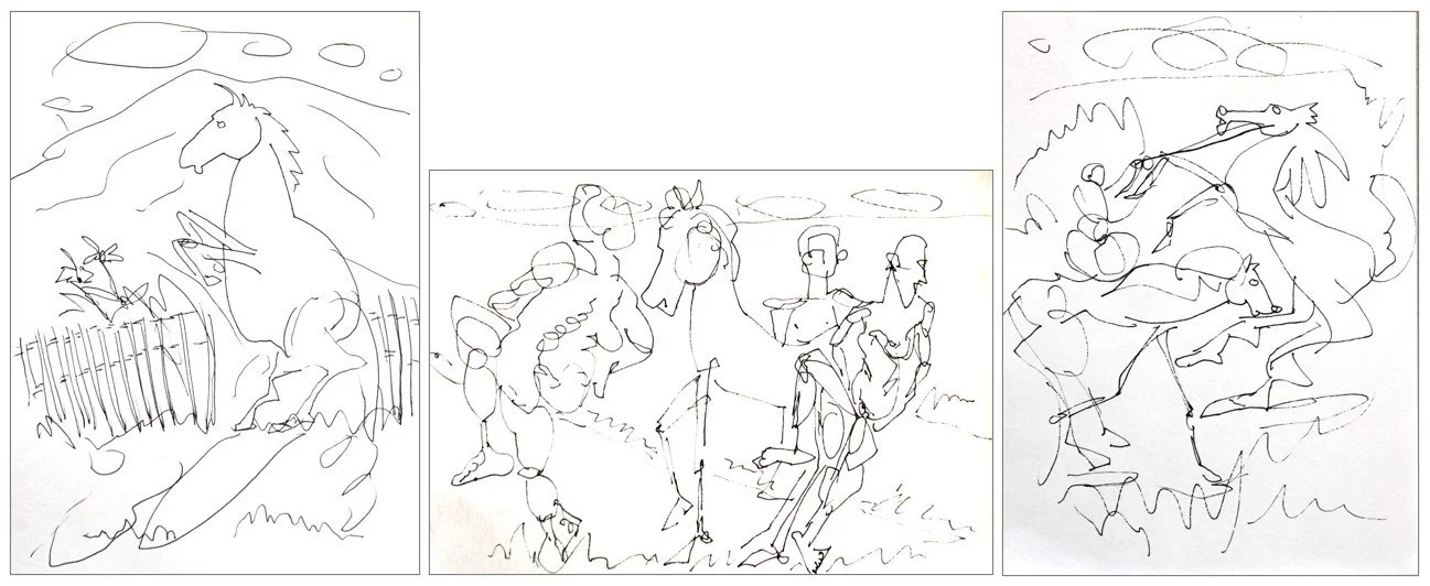 Triptychon "Bewegung", linker Teil: "In der Koppel", Mittelteil: "Ekstase", rechter Teil: "Kämpfende", Tintenroller auf Zeichenpapier, 18 x 13 / 13 x 18 / 18 x 13 cm, 2024 (Z-Z-116a/b/c)