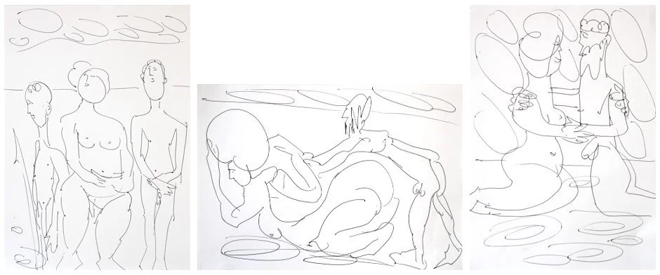 Triptychon "Zusammenkunft", Tintenroller auf Zeichenpapier, 29,7 x 21 / 21 x 29,7 / 29,7 x 21 cm, 2024 (Z-Z-266a/b/c)