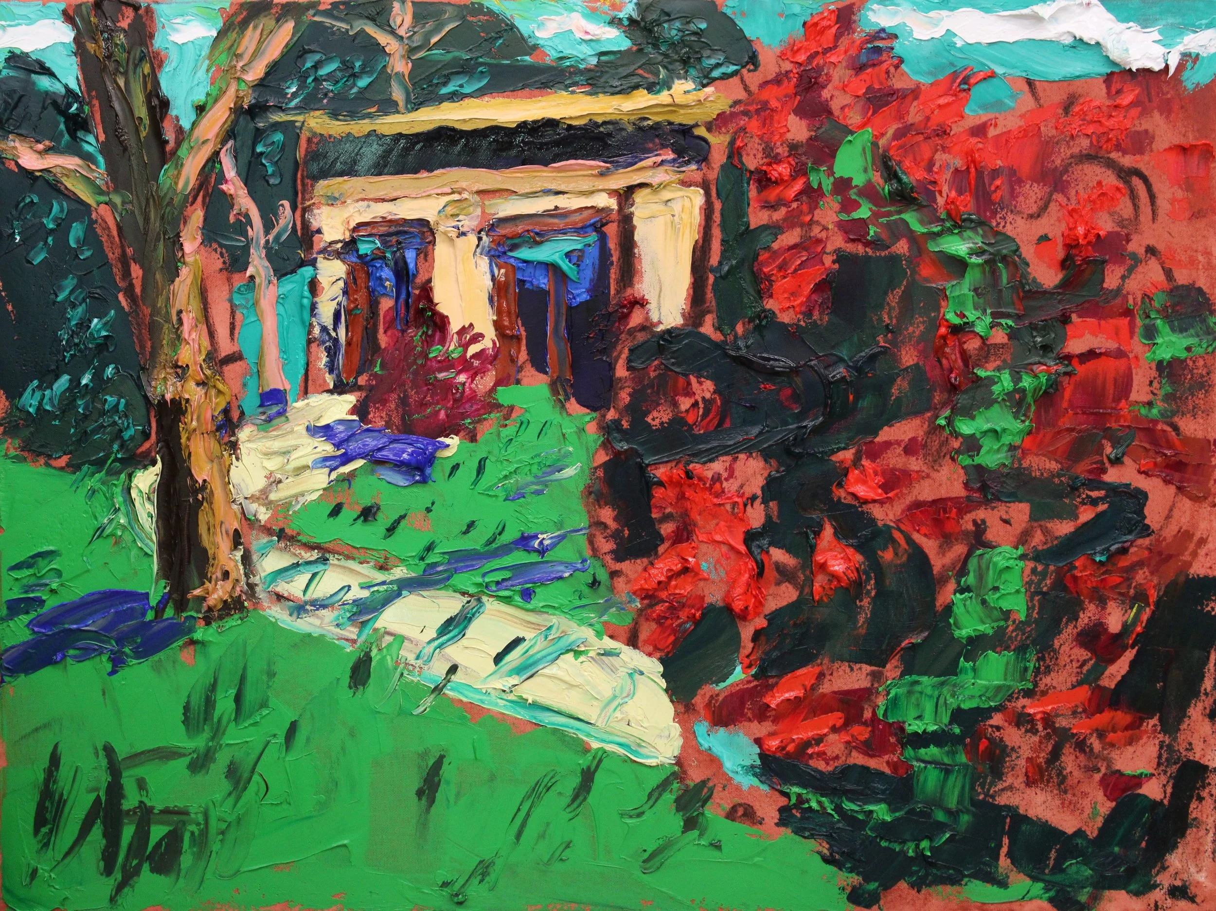 "Malergarten mit Atelier", Öl auf Leinwand, 60 x 80 cm, Juni 2026 (W-1032)