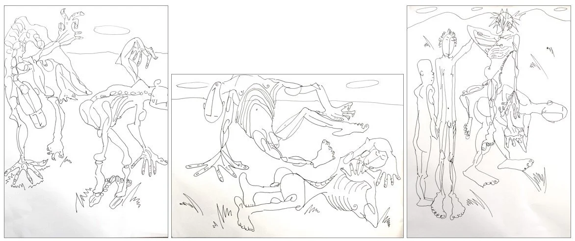 Triptychon "Sahara",  Tintenroller auf Zeichenpapier, 29,7 x 21 / 21 x 29,7 / 29,7 x 21 cm, 2024 (Z-Z-121a/b/c)