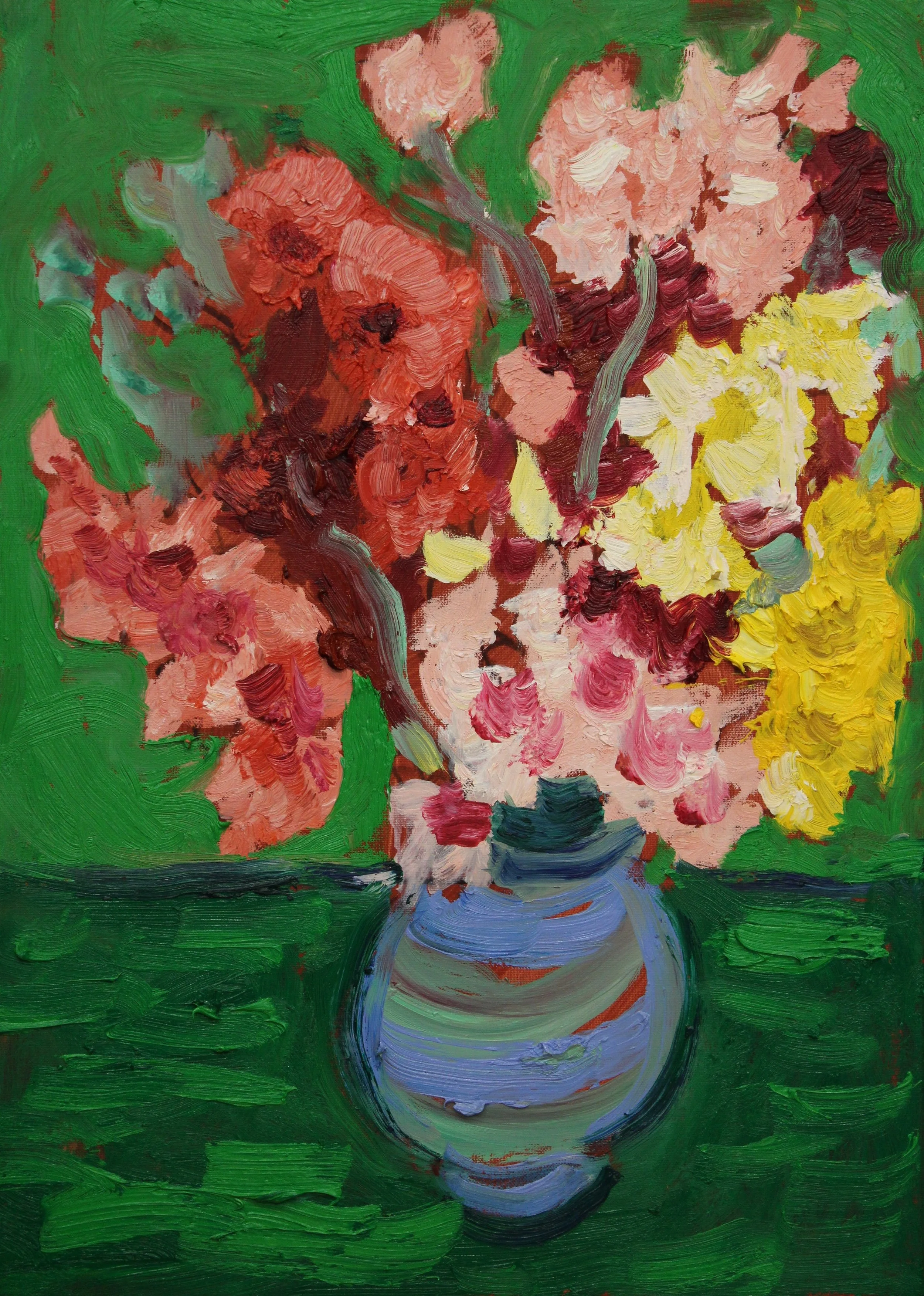 "Rosa-gelb' Gladiolenstrauß in blauer Vase", Öl auf Leinwand, 70 x 50 cm, August 2026 (B-1067)