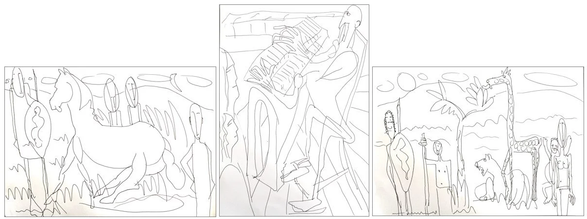 Triptychon "Māyā", linker Teil: "Gedenkfeier (Andacht)",  Mittelteil: "Der Organist", rechter Teil: "Gluthitze", Tintenroller auf Zeichenpapier, 21 x 29,7 / 29,7 x 21 / 21 x 29,7 cm, 2024 (Z-Z-122a/b/c)