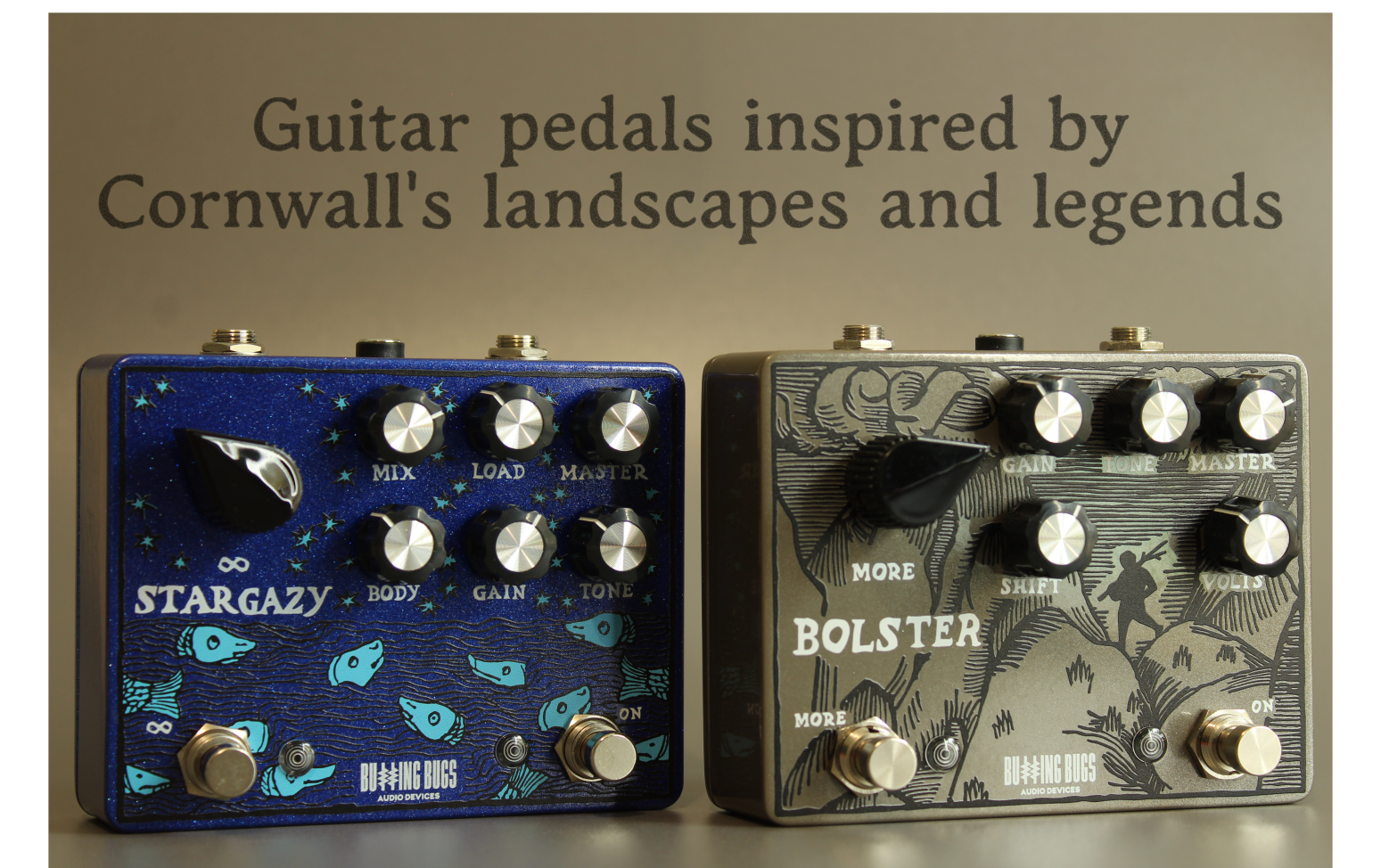 Two guitar effect pedals, one blue with a cosmic starry design titled 'Stargazy' and the other gray with a landscape design titled 'Bolster', placed side by side on a surface with a background that has text about Cornwall's landscapes and legends.