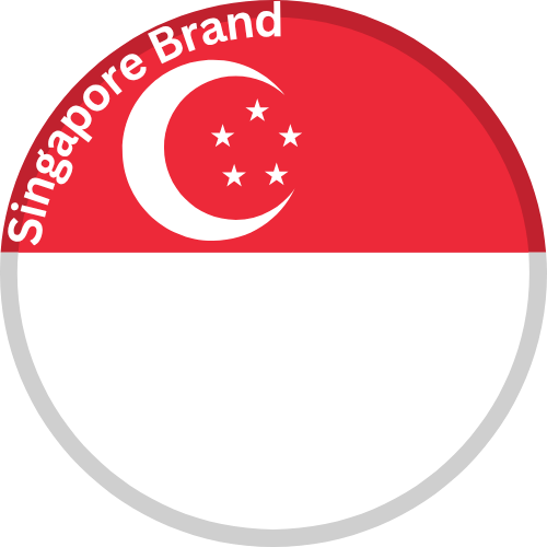 A circular badge with a red top half and a white bottom half. The top half has the words 'Singapore Brand' in white arched text and features a white crescent moon with five stars inside. The bottom half is blank.