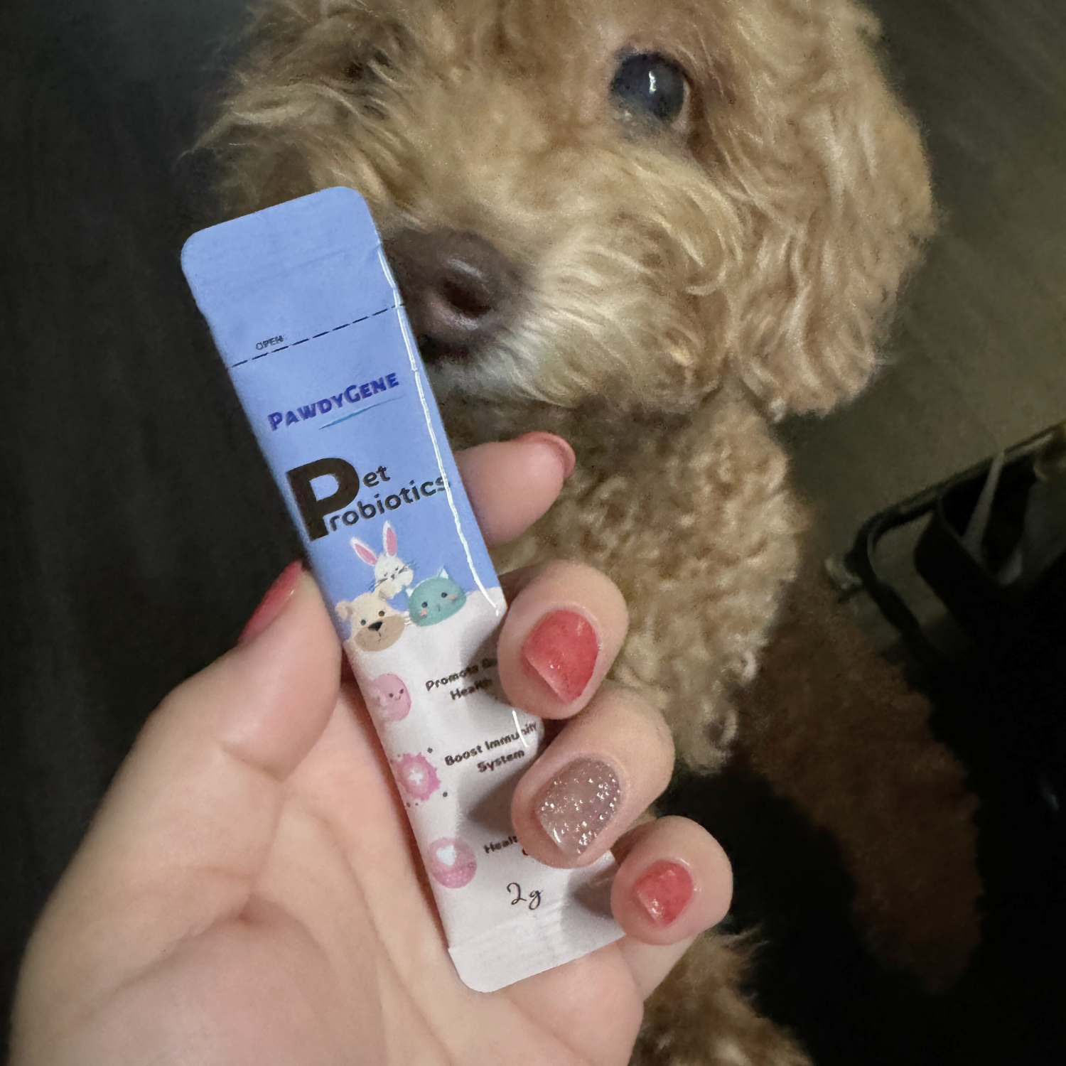 Customer review featuring PawdyGene pet wellness products for dogs and cats