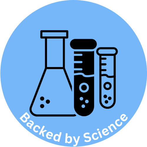 Icon of three laboratory test tubes and a flask with bubbles inside, set against a blue background, with the text "Backed by Science" curved at the bottom.