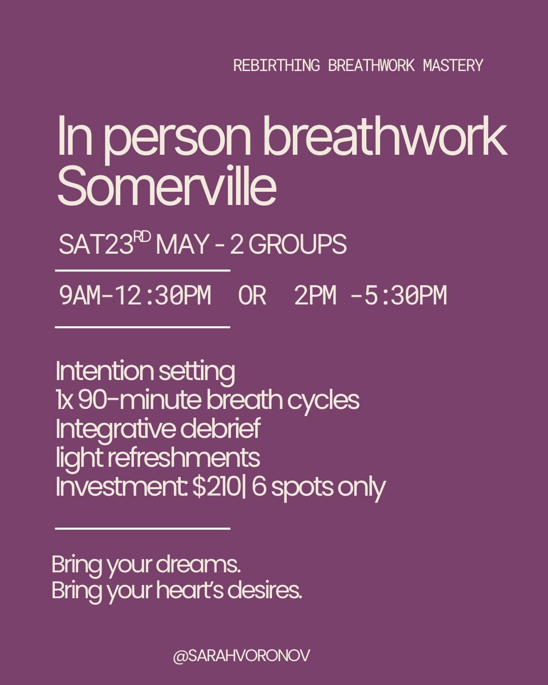 Updated session times for this weekend! 

Rebirthing Breathwork Mastery is different to some styles of breathwork that focus on force, rhythm or intensity.

This is a long slow full breath, in and out the nose, no force. 

In this process, everything
