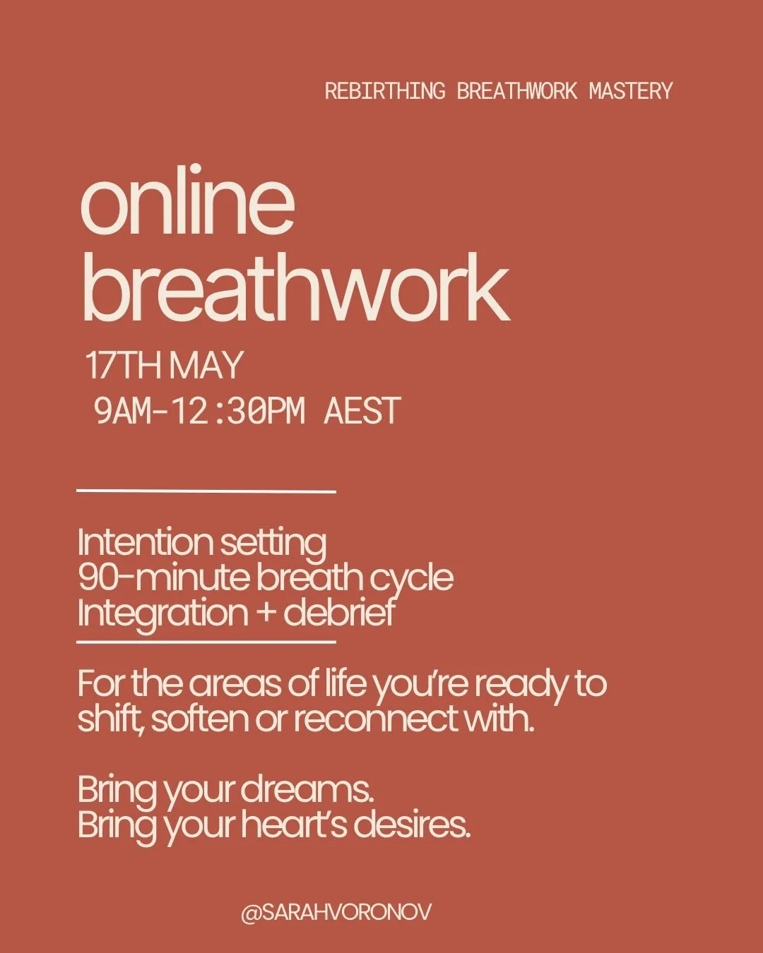 Breathwork is transformational.

Our breath is one of the first things we have access to when we want to meet what&rsquo;s happening inside us. 

The fear, the anger, the sadness, the joy, the grief, the wanting, the ache.

Through the breath, we can