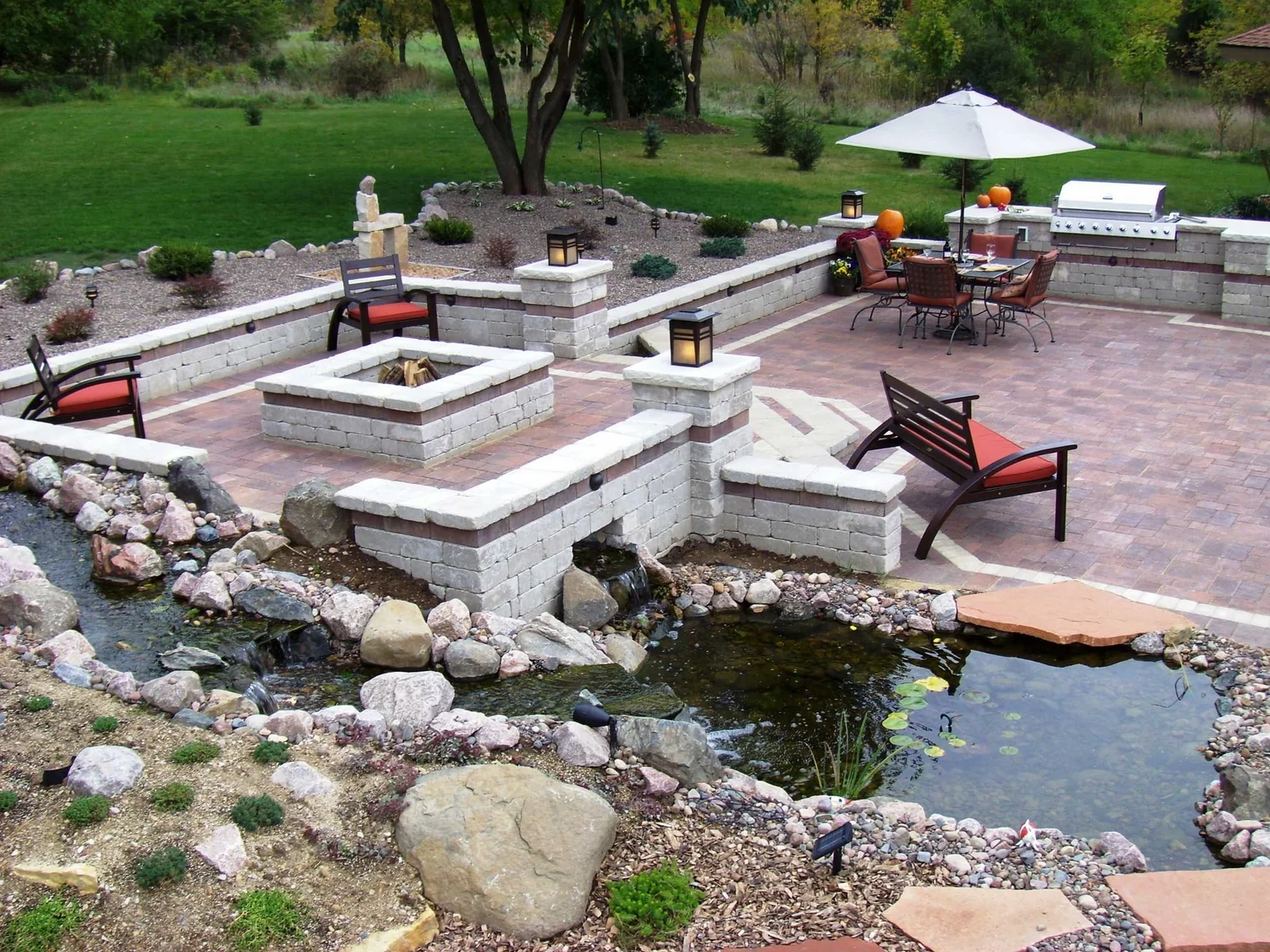 McFarland, WI Landscape Design, Pond & Pondless Waterfall, Retaining