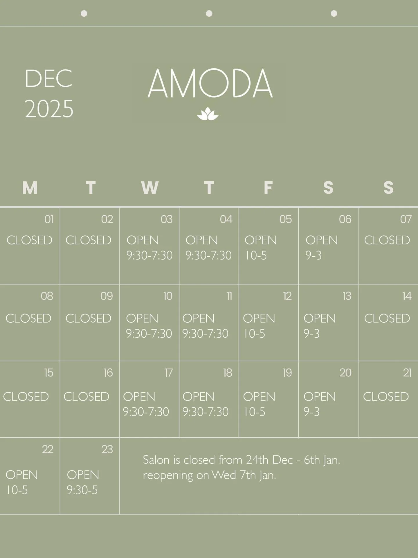 AMODA Dec opening times 🎄! As you can see, we are now opening on 22nd and 23rd to get you Christmas ready! Looking forward to welcoming you into our cosy, festive salon for all your lovely treatments. 

#stocktonheath #warringtonbeauty #cheshireskin
