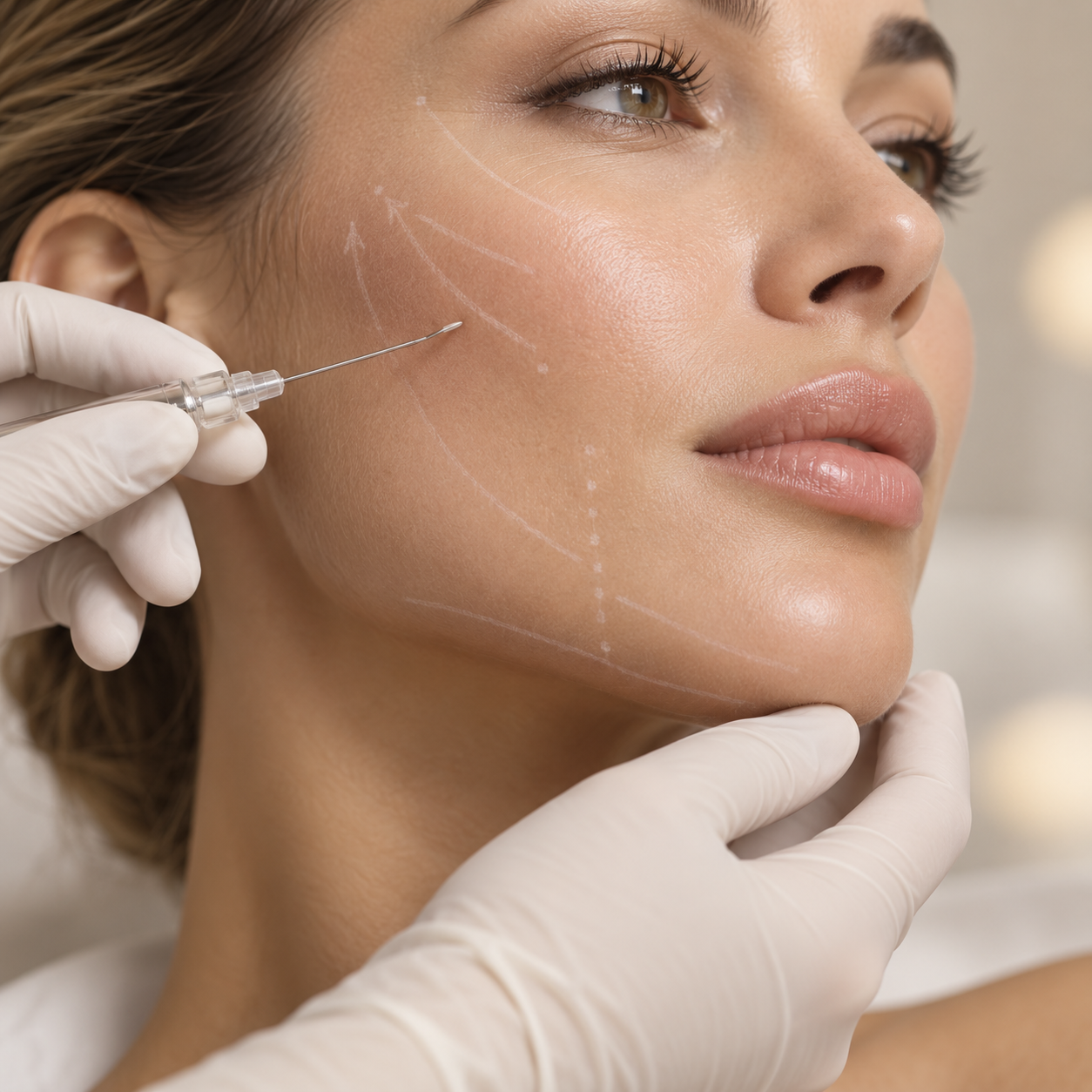 Image of a person with their face marked up for Dermal Fillers