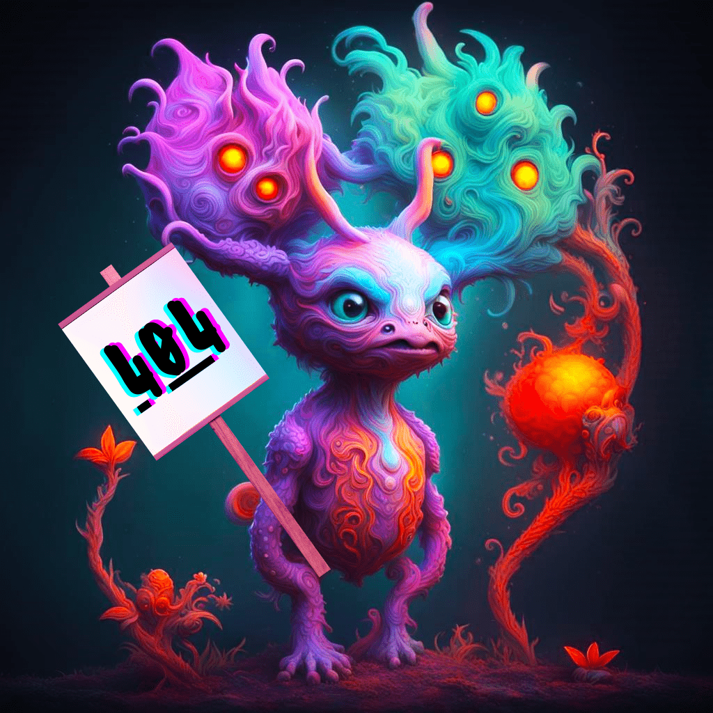 Psychedelic entity creature holding 404 sign