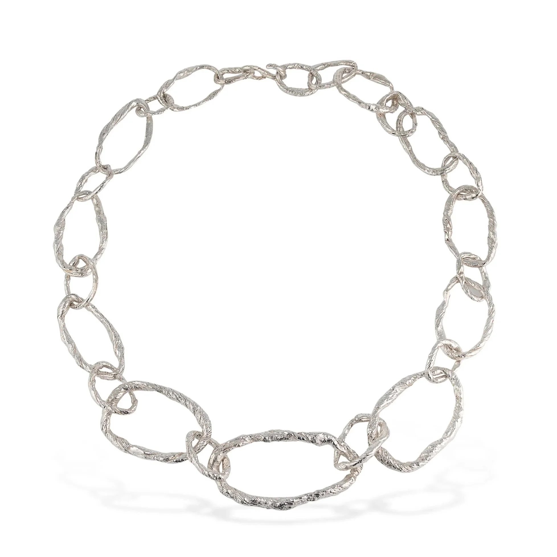 Striated silver linked necklace with organic textured and twisted links