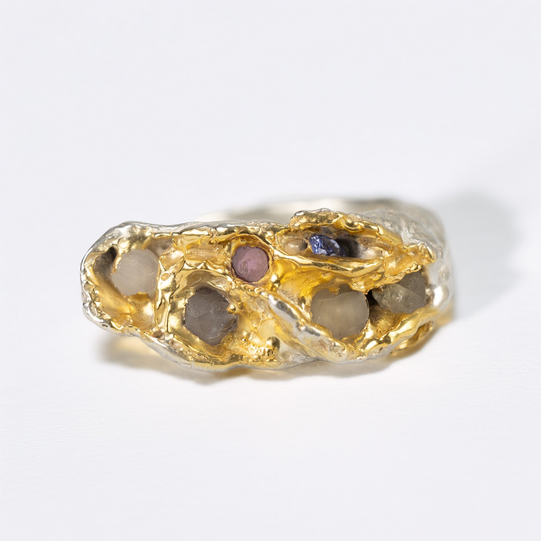 Deep textured Beneath the Surface silver and multiple rough and faceted sapphire ring.2.jpg