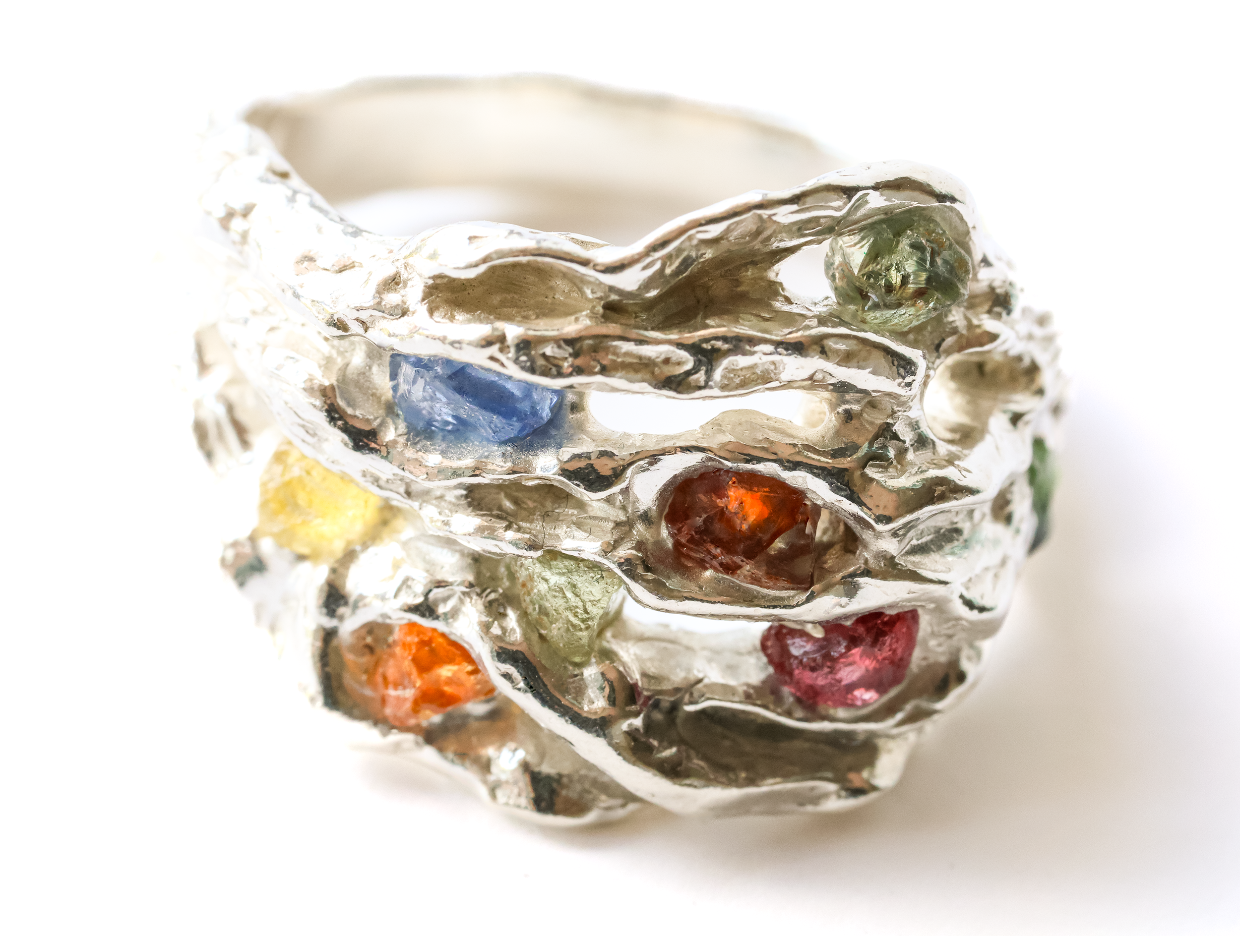 Eroded form VI ring | Silver and and rough uncut multicoloured sapphires |  inspired by the erosion of rock formations